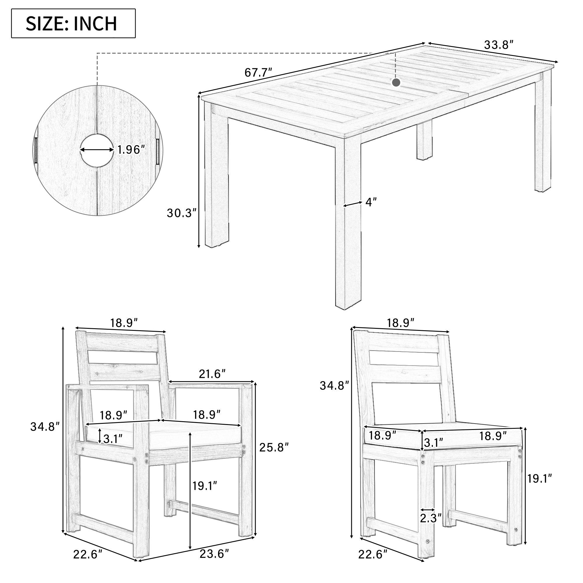 7-Piece Outdoor Patio Dining Set - Wooden Table with Umbrella Hole & 6 Chairs (2 Armchairs + 4 Side Chairs) for Garden, Backyard, Poolside - Perfect for BBQs, Family Gatherings & Outdoor Entertaining