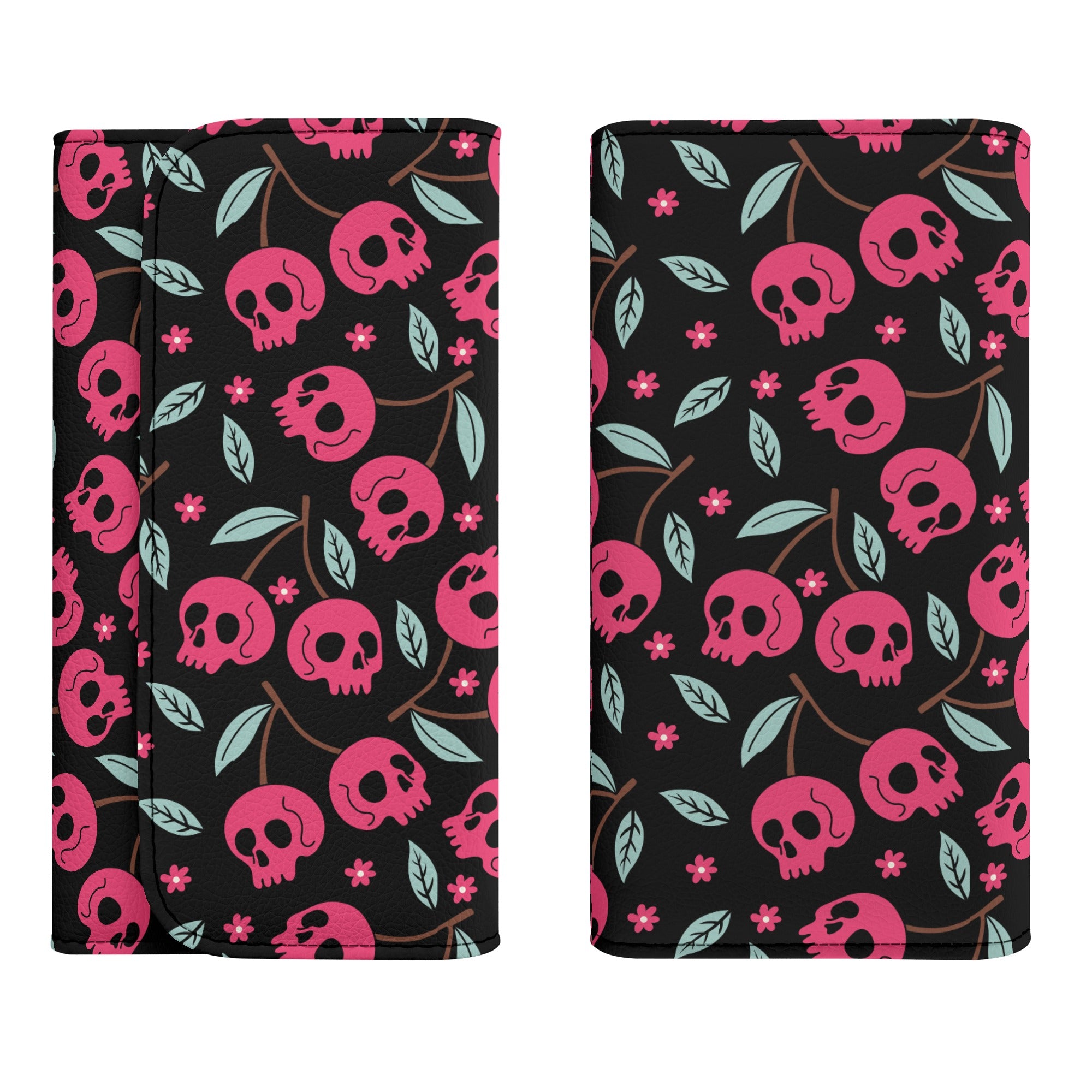 Cherry Skulls Trifold Leather Clutch Wallet for Women - Vintage Style RFID Blocking Credit Card Holder - Perfect for Parties, Concerts & Night Out
