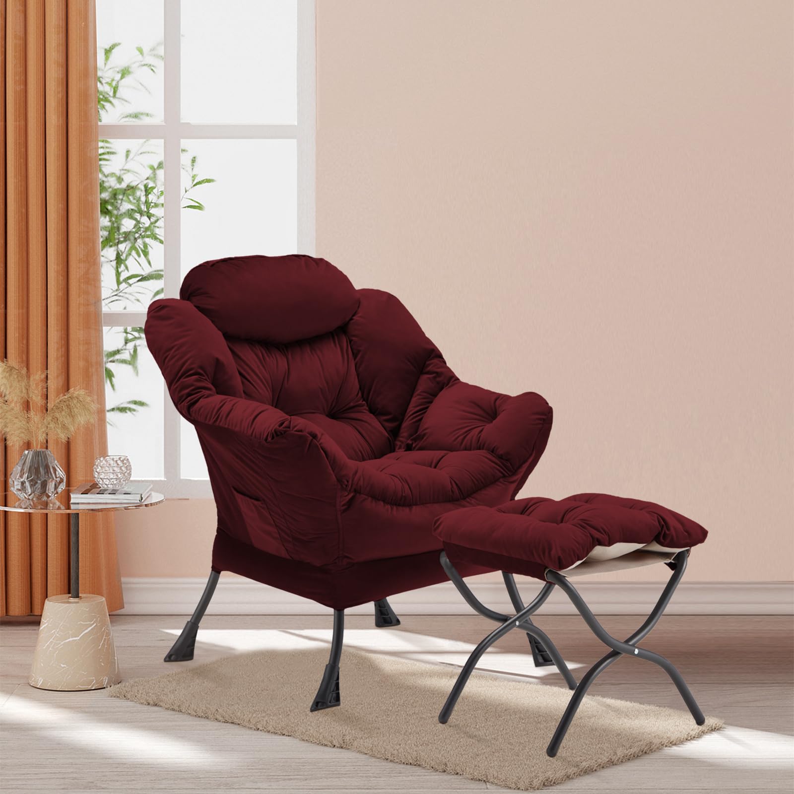 Velvet Upholstered Lazy Chair with Folding Ottoman - Modern Accent Armchair with Metal Frame, Non-Slip Pads & Side Storage Pocket - Comfortable Footrest Sofa for Living Room, Bedroom, Office & Dorm - Burgundy