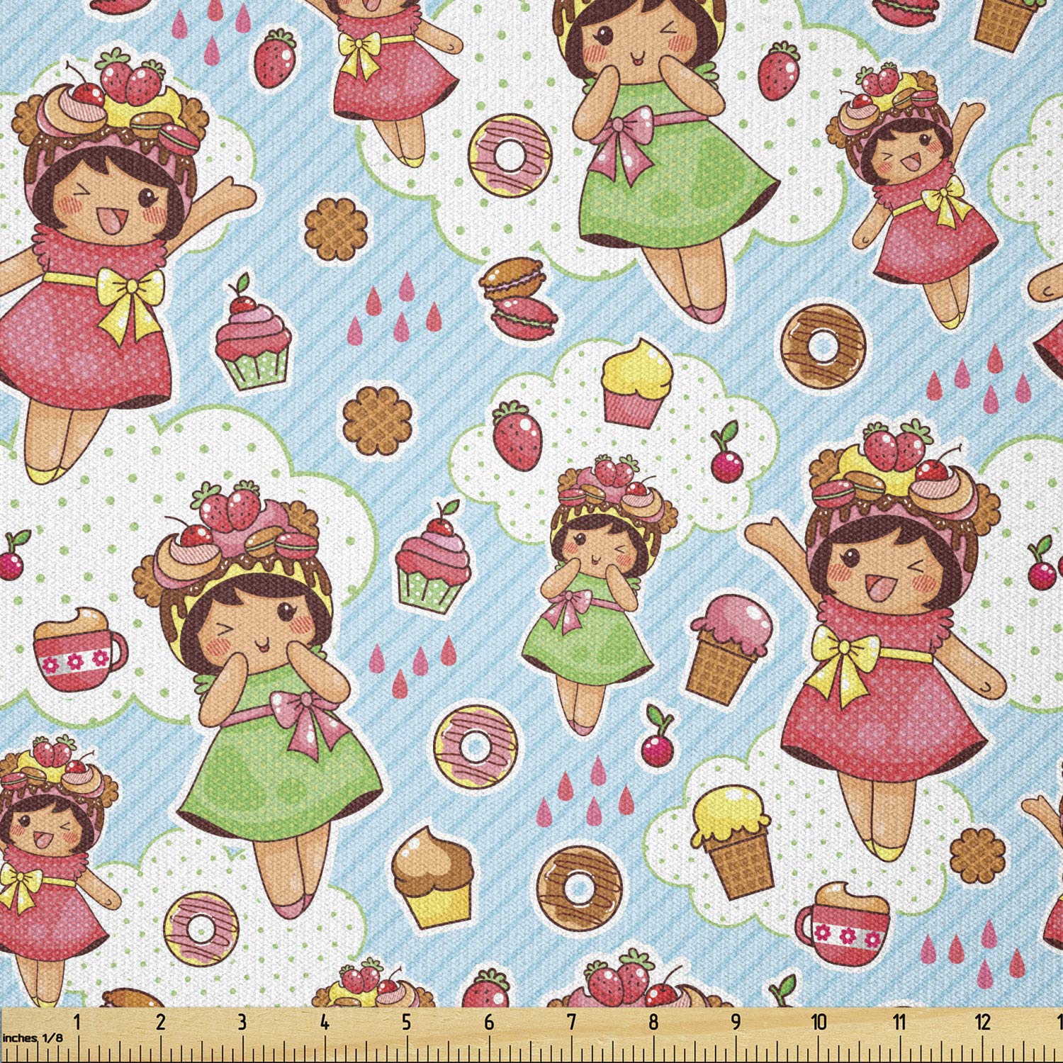 Ambesonne Anime Fabric by The Yard - Japan Inspired Vintage Kawaii Character Cotton Blend Stretch Knit Fabric for Clothing, Sewing & DIY Crafts (10 Yards, Multicolor) - Perfect for Cosplay Costumes, Cute Dresses, Unique Home Decor & Creative Art Projects