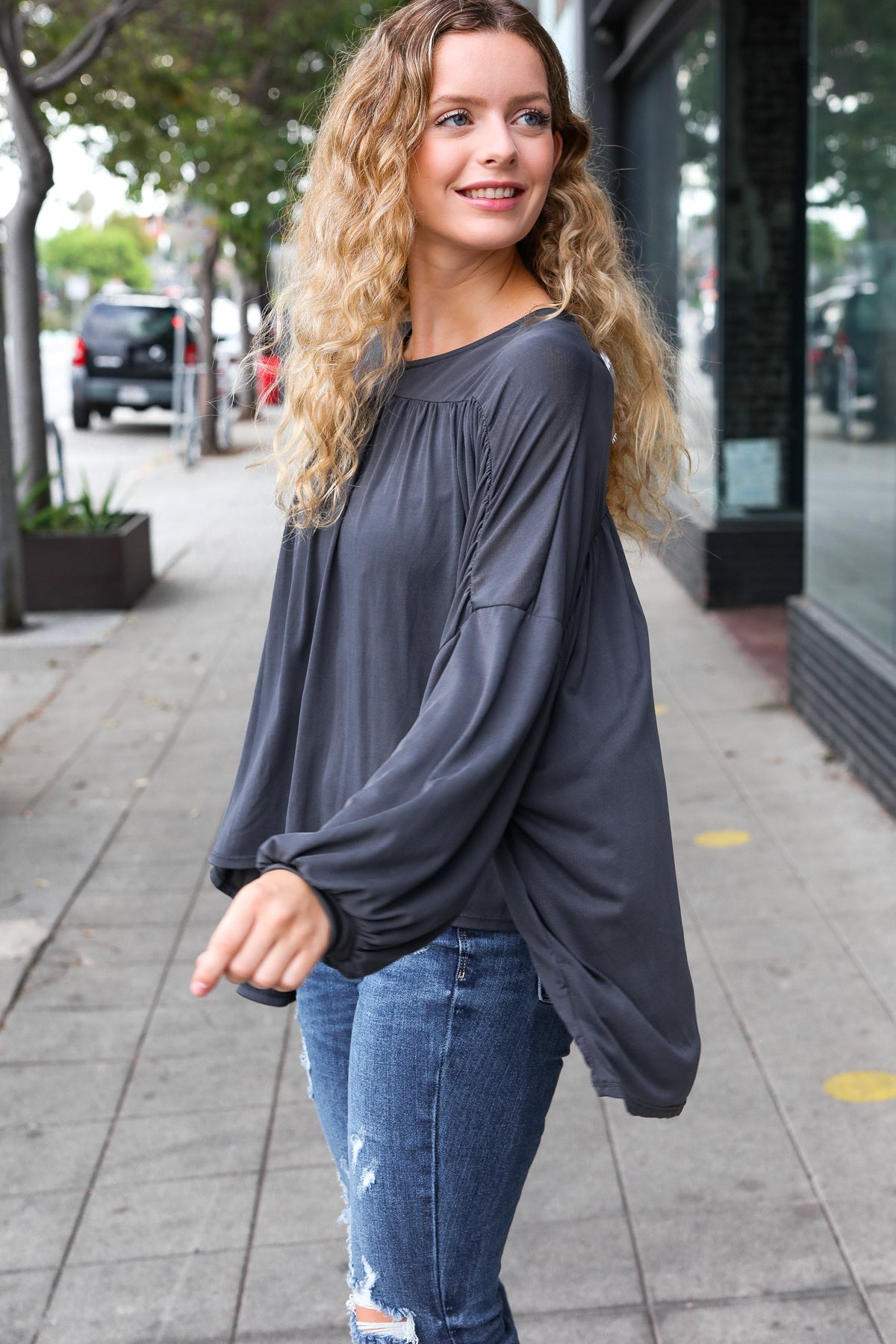 Stylish Charcoal V-Neck Modal Knit Top for Women - Comfortable & Breathable Casual Wear for Office, Date Night & Everyday Outfits