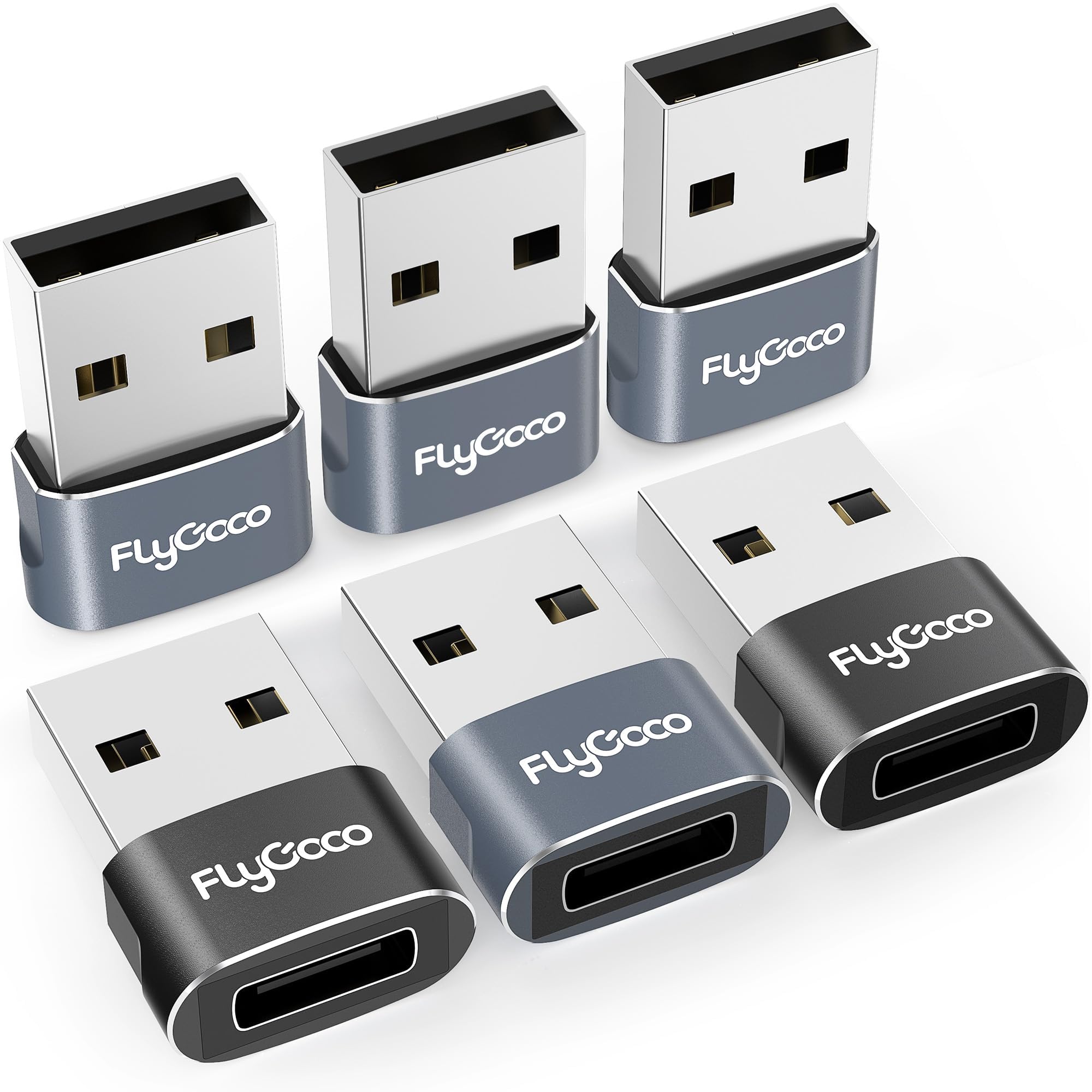 FlyCoco 6 Pack USB to USB C Adapter - USB C Female to A Male Converter for iPhone 16/15/14/13 Pro Max, Apple Watch Ultra 9/10, AirPods 3, iPad Air, Samsung Galaxy S24 - Fast Charging & Data Sync for Home, Car & Travel