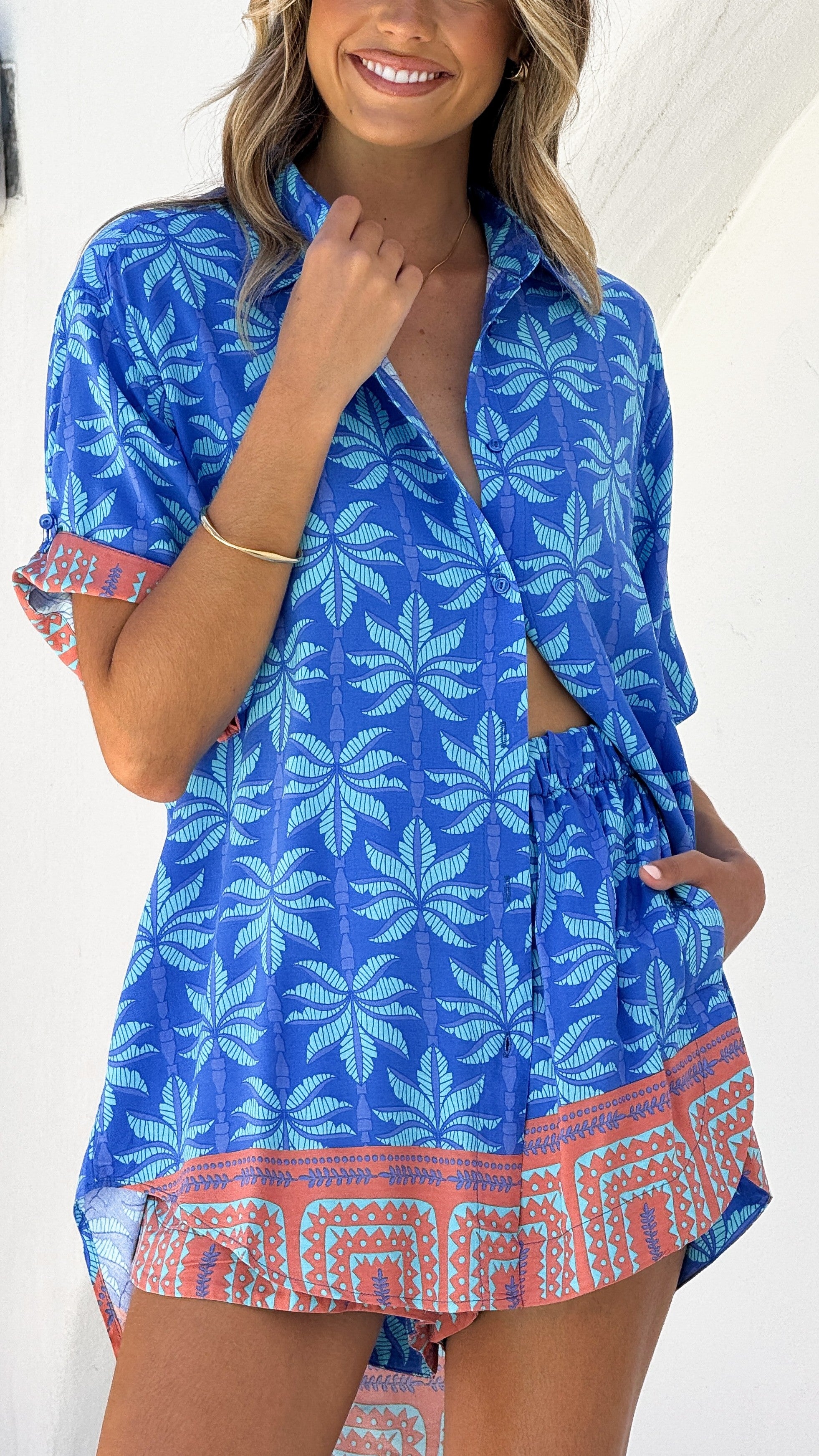 Lola Shirt with Tropical Vacation Print - Women's Flowy Blouse for Beach Getaways & Summer Vacations