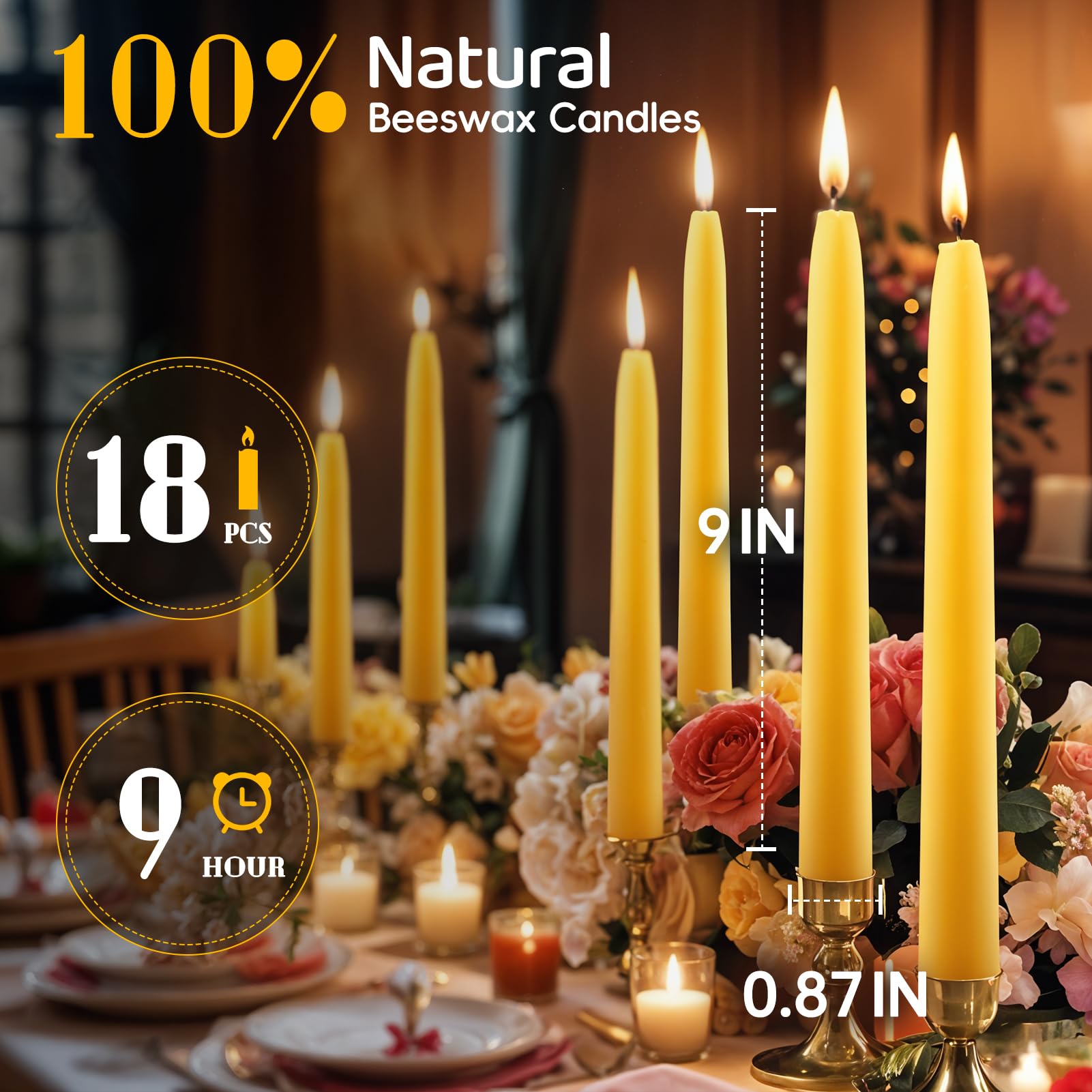 18 Pack Natural Beeswax Taper Candles - 9 Inch Dripless Pure Beeswax Candlesticks, 10 Hour Burn Time, Unscented Smokeless Dinner Candles for Romantic Dining, Wedding Centerpieces & Home Decor