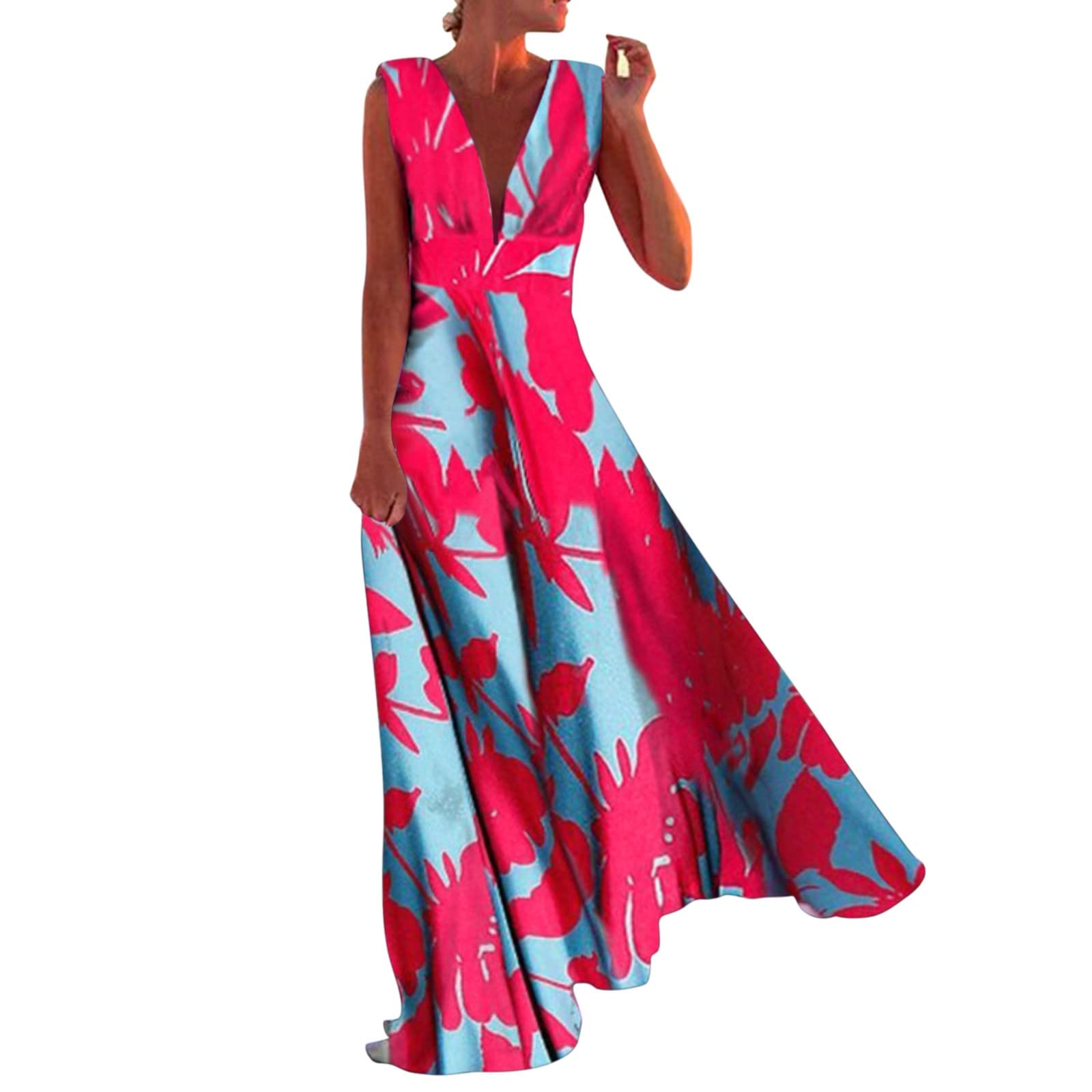 Women's Casual Summer Sundress - Floral Maxi Dress with V-Neck & Pockets for Wedding Guest, Beach Holiday, or Everyday Wear