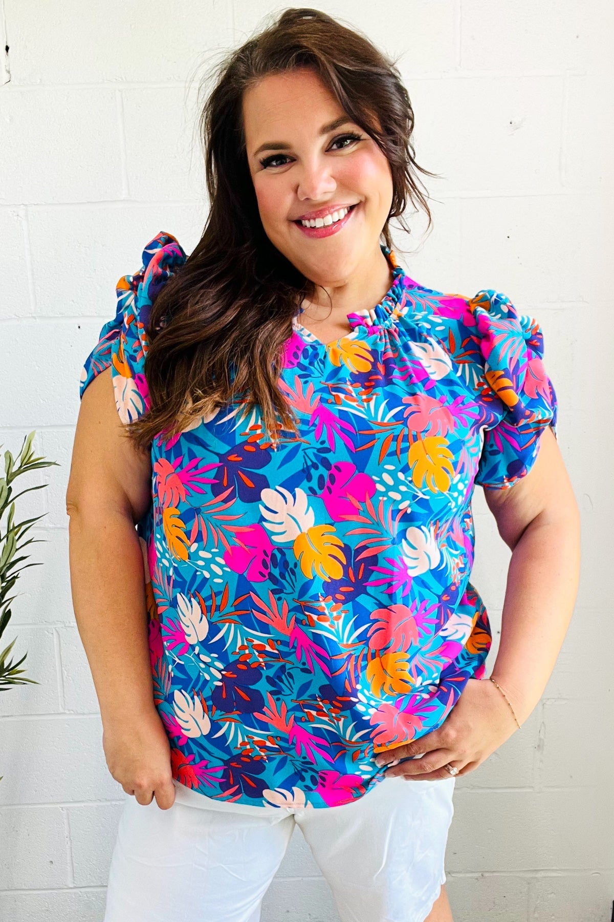 All For You Women's Aqua Tropical Print Frill Notch Neck Puff Sleeve Blouse | Summer Beach Vacation Top | Perfect for Tropical Getaways, Pool Parties & Casual Outings