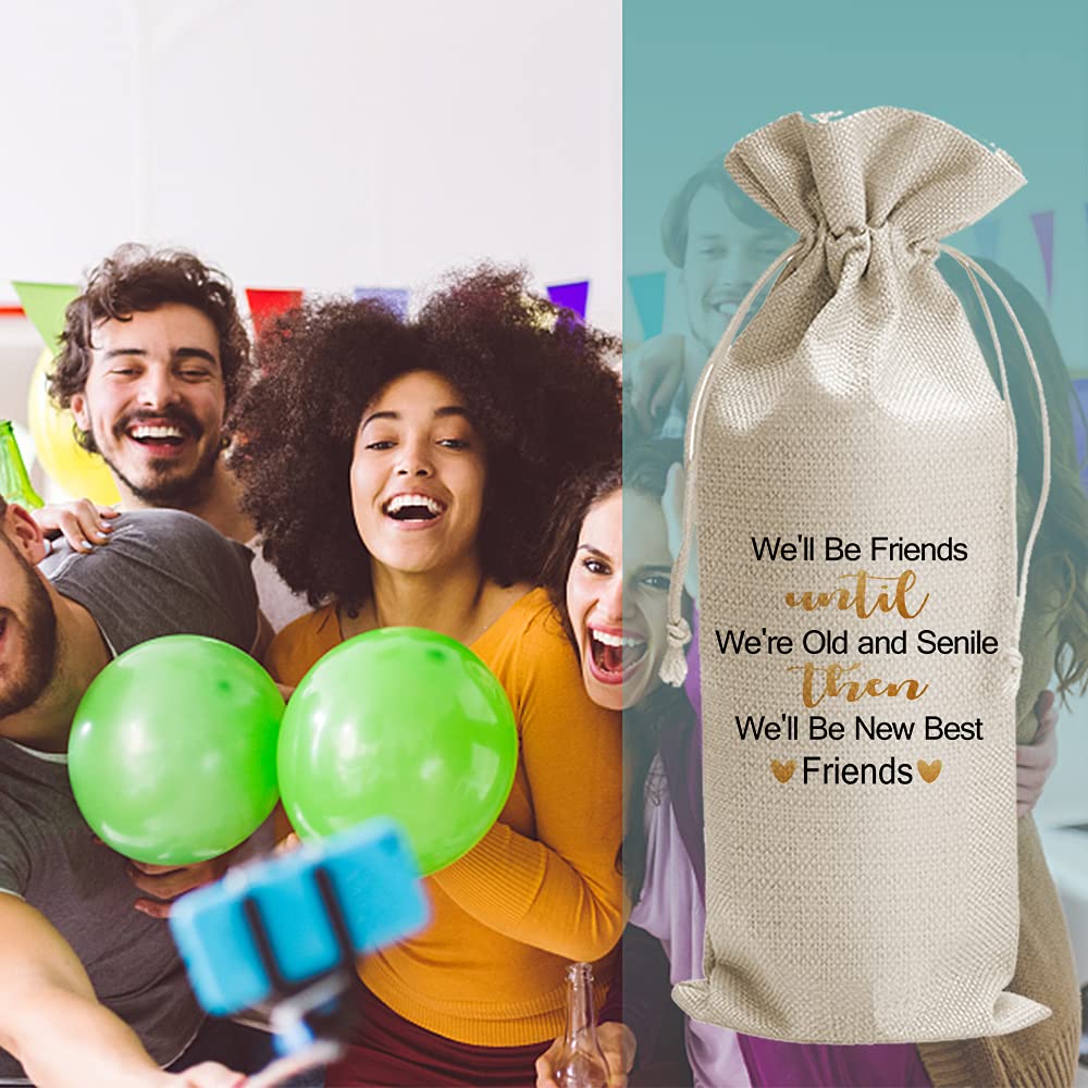 JioJio Chan Best Friend Wine Gift Bags - Funny Personalized Drawstring Burlap Wine Bags for Birthday, Graduation Gifts - Perfect for Bestie Presents, Wine Lovers & Special Occasions