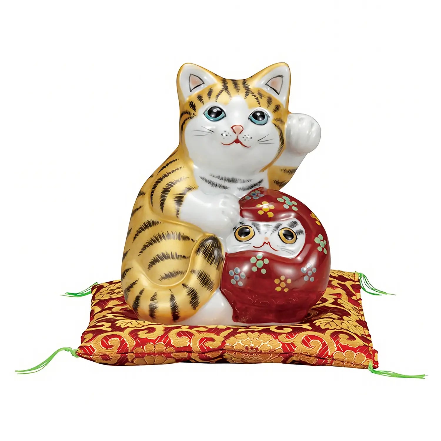 Japanese Kutani Ware Porcelain Daruma Maneki Neko Figurine - Kinsai 5 Go Gold Lacquer Lucky Cat Statue for Home Decor & Office Feng Shui