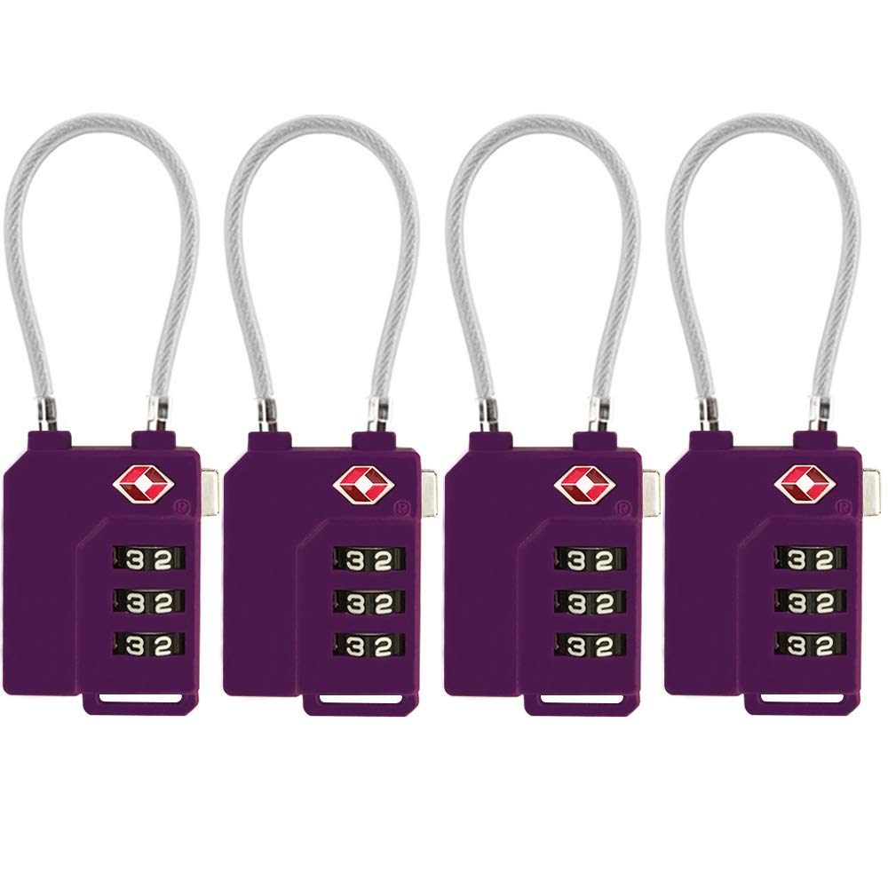 TSA Approved 3 Digit Combination Luggage Lock - Secure Suitcase & Travel Bags (4 Pack, Purple) | Perfect for Airports, Hotels & Gym Lockers