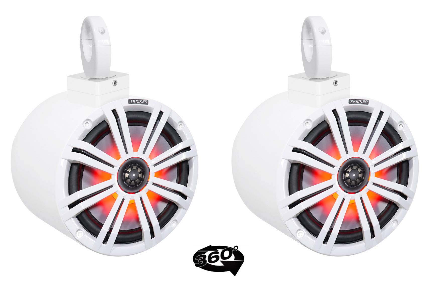2 Pack Kicker KM8 8 Inch LED 360° Swivel Wakeboard Tower Speakers - White Aluminum Marine Audio System for Boats, Poolsides & Outdoor Parties