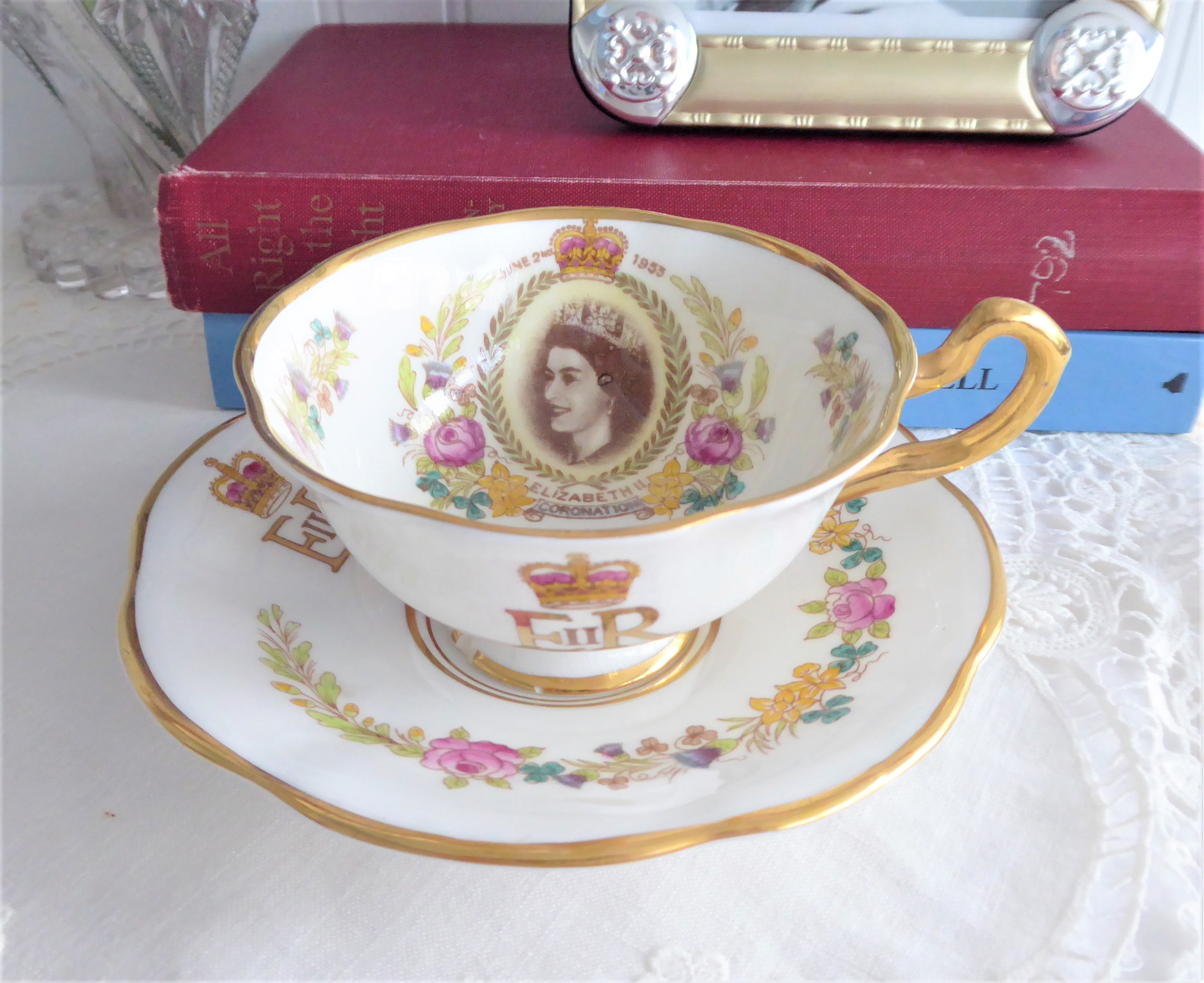 Vintage Rosina Queen Elizabeth II Coronation Cup and Saucer Set - English Bone China with UK Flowers Design, 1953 Commemorative Collectible - Perfect for Afternoon Tea, Royal Memorabilia Display, and British History Enthusiasts