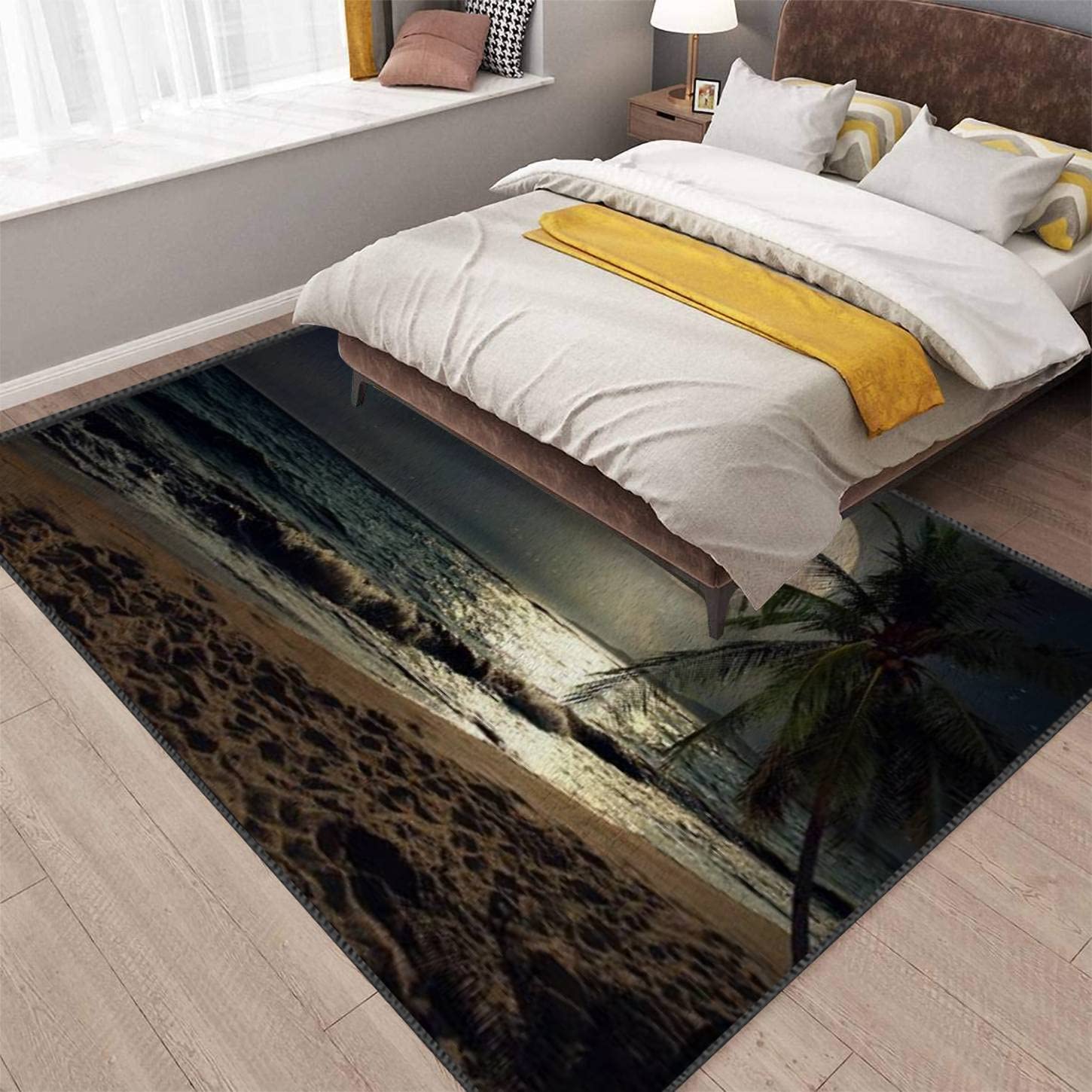 3D Beach & Full Moon Plush Soft Area Rug - Non-Slip Shaggy Carpet for Living Room, Bedroom, Nursery & Kids Playroom - Modern Home Decor (5x8 Ft) - Perfect for Cozy Spaces & Boho Chic Interiors