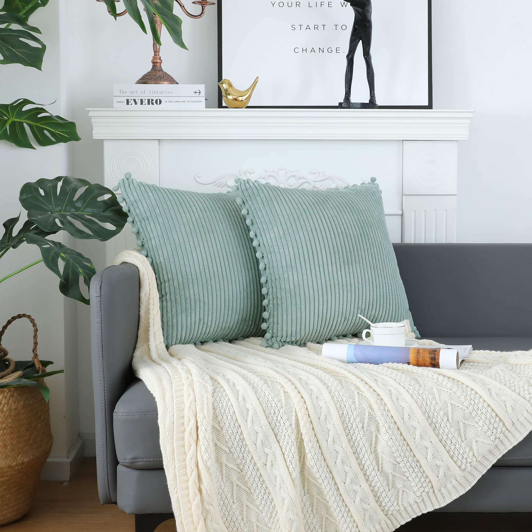 Soft Striped Boho Farmhouse Decorative Throw Pillow Covers 20x20 Inch - Grey Blue with Pom Poms - Set of 2 for Couch, Sofa, Bed, Chair & Outdoor Use - Cozy Home Decor & Living Room Accent