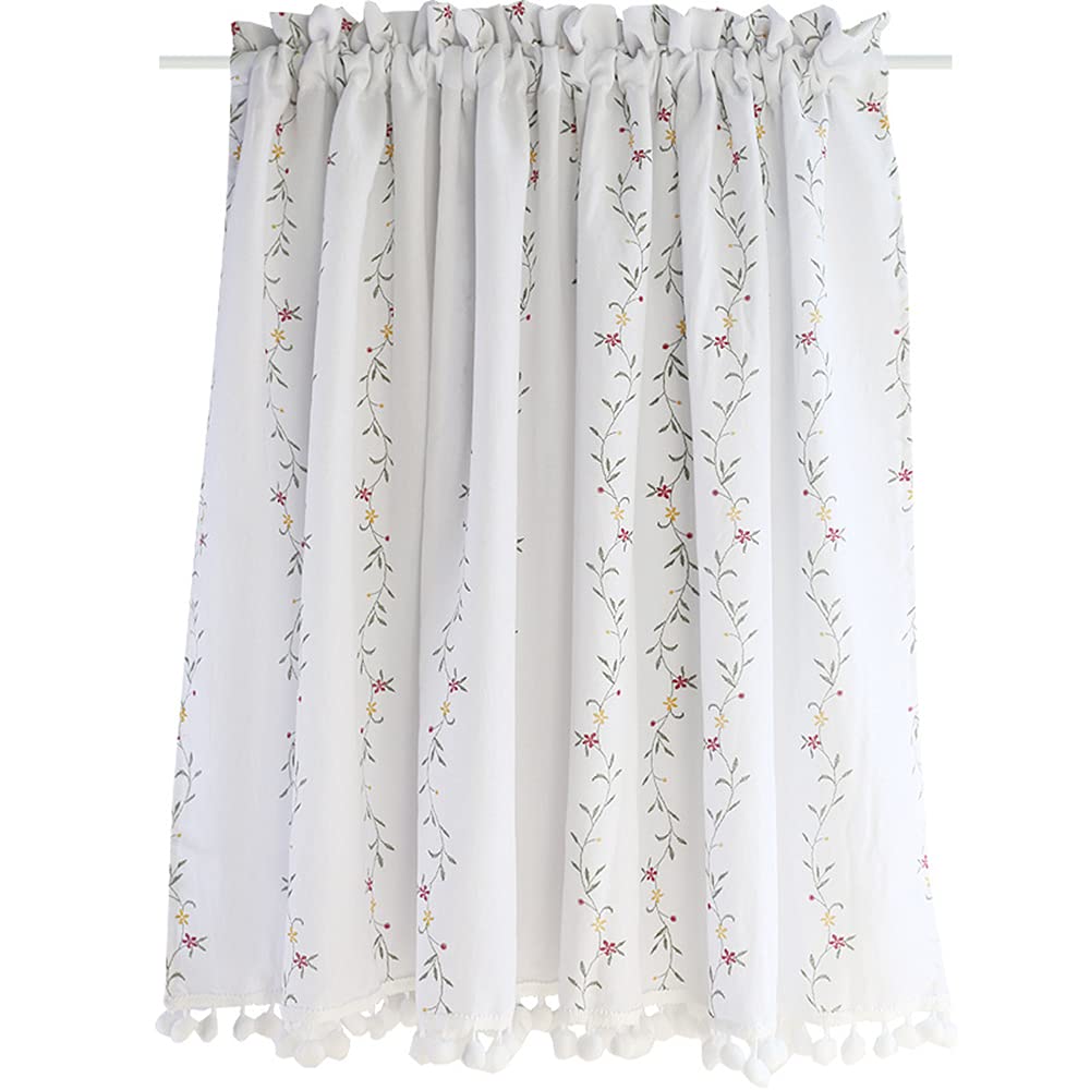 Floral Valance Curtains for Kitchen & Bathroom - Cotton Blend Farmhouse Cafe Curtains with Pom Poms, Rod Pocket Design, 55x55 Inch - Perfect for Room Dividers, Windows, and Farmhouse Decor