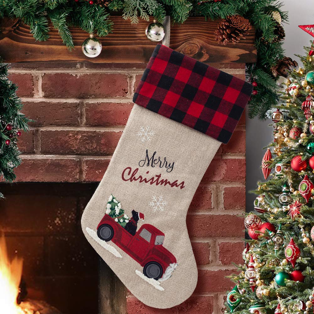 XAMSHOR 21 Inch Burlap Christmas Stockings - Embroidered Linen Holiday Stockings with Red & Black Buffalo Plaid Cuff - Perfect for Gift Giving, Fireplace Decor, and Christmas Tree Decoration