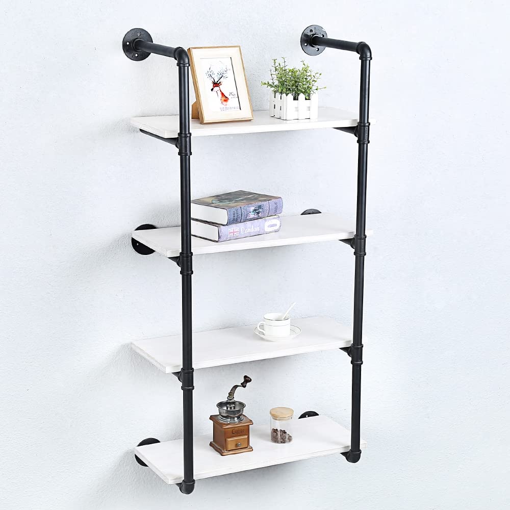 Industrial Pipe Wall Mounted Shelves - 24 Inch Rustic Metal Floating Shelves with Real Wood, Steampunk Style Bookcase - 4 Tier Farmhouse Kitchen & Bar Shelving Unit for Home, Office & Retail Display