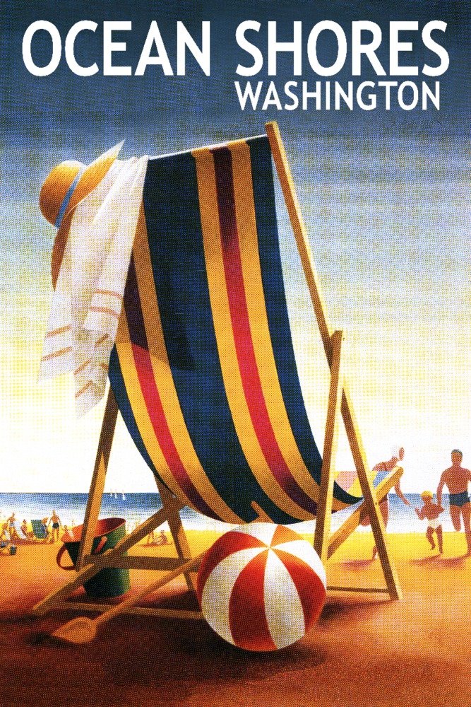 Ocean Shores Washington Beach Chair and Ball Wall Art Poster - 12x18 Inches Coastal Decor for Living Room, Bedroom & Office - Perfect Beach House Decor, Vacation Home Wall Decor & Gift Idea