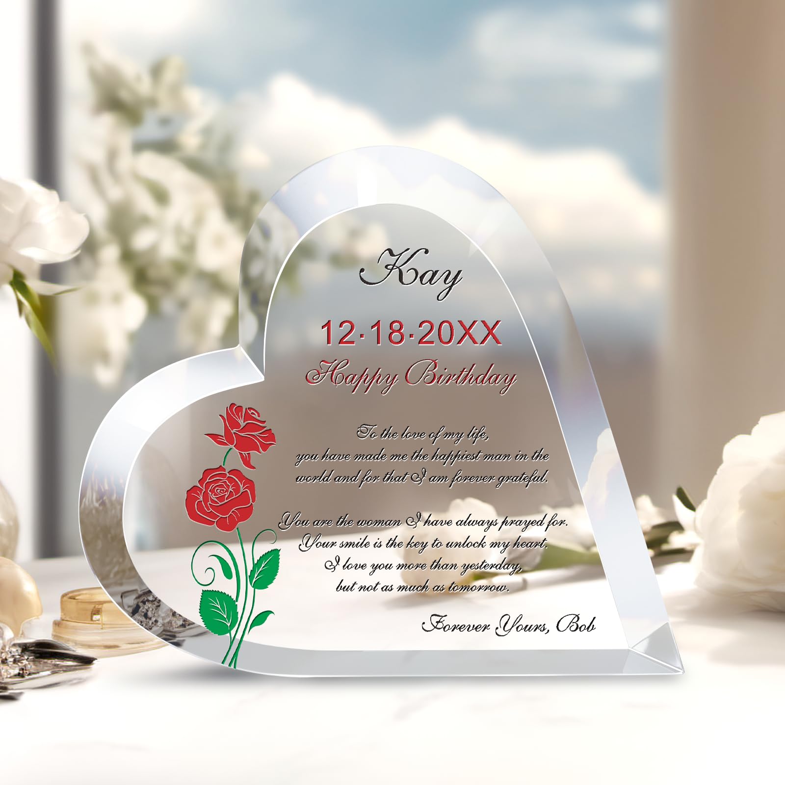 Personalized Crystal Heart Engraved with Love Message - Custom Birthday Gift for Wife, Girlfriend, Anniversary, Christmas - 7.5 Inch Keepsake for Romantic Occasions, Valentine's Day & Special Moments