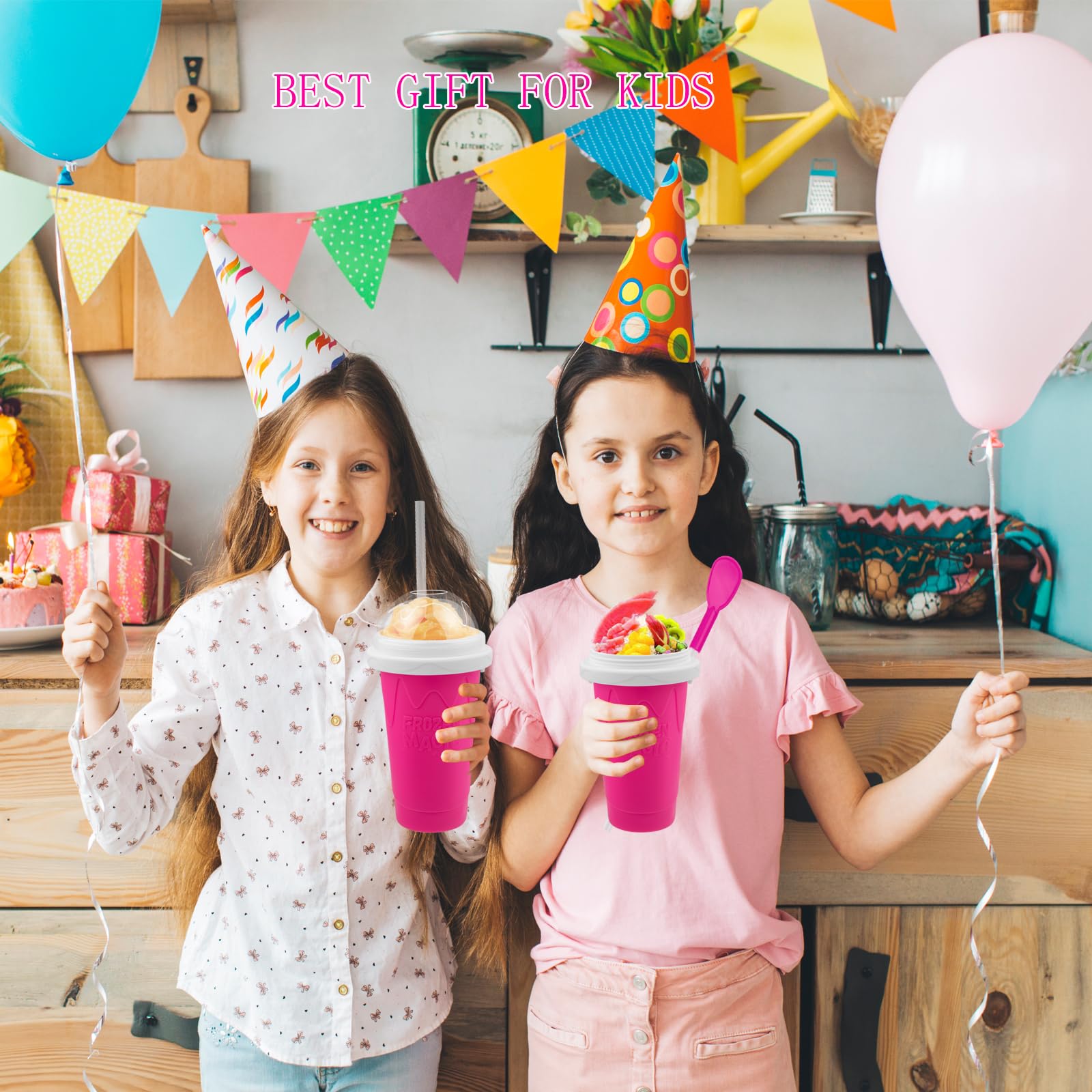Magic Slushy Maker Cup - DIY Portable Smoothie Squeeze Cup for Juices, Milk & Ice Cream | Double Layer Silicone Slushie Cup with Straw | Perfect for Summer Drinks, Kids Snacks & Family Gifts (Pink)