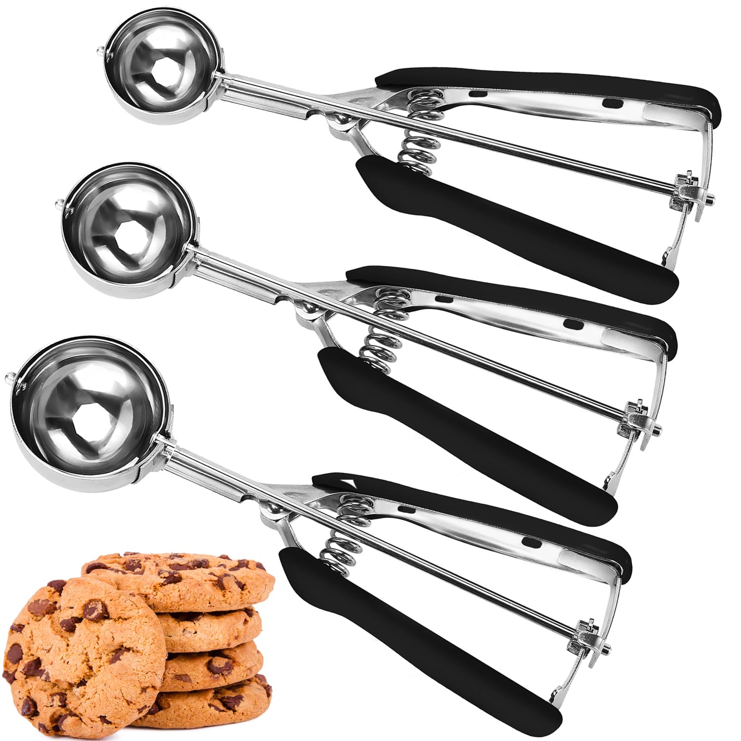 3-Piece Cookie Scoop Set for Baking - 1 Tbsp, 2 Tbsp & 3 Tbsp Stainless Steel Scoopers with Black Handle - Perfect for Cookies, Cupcakes, Muffins, Ice Cream & Truffles - Essential Baking Tools for Home Bakers & Professional Chefs