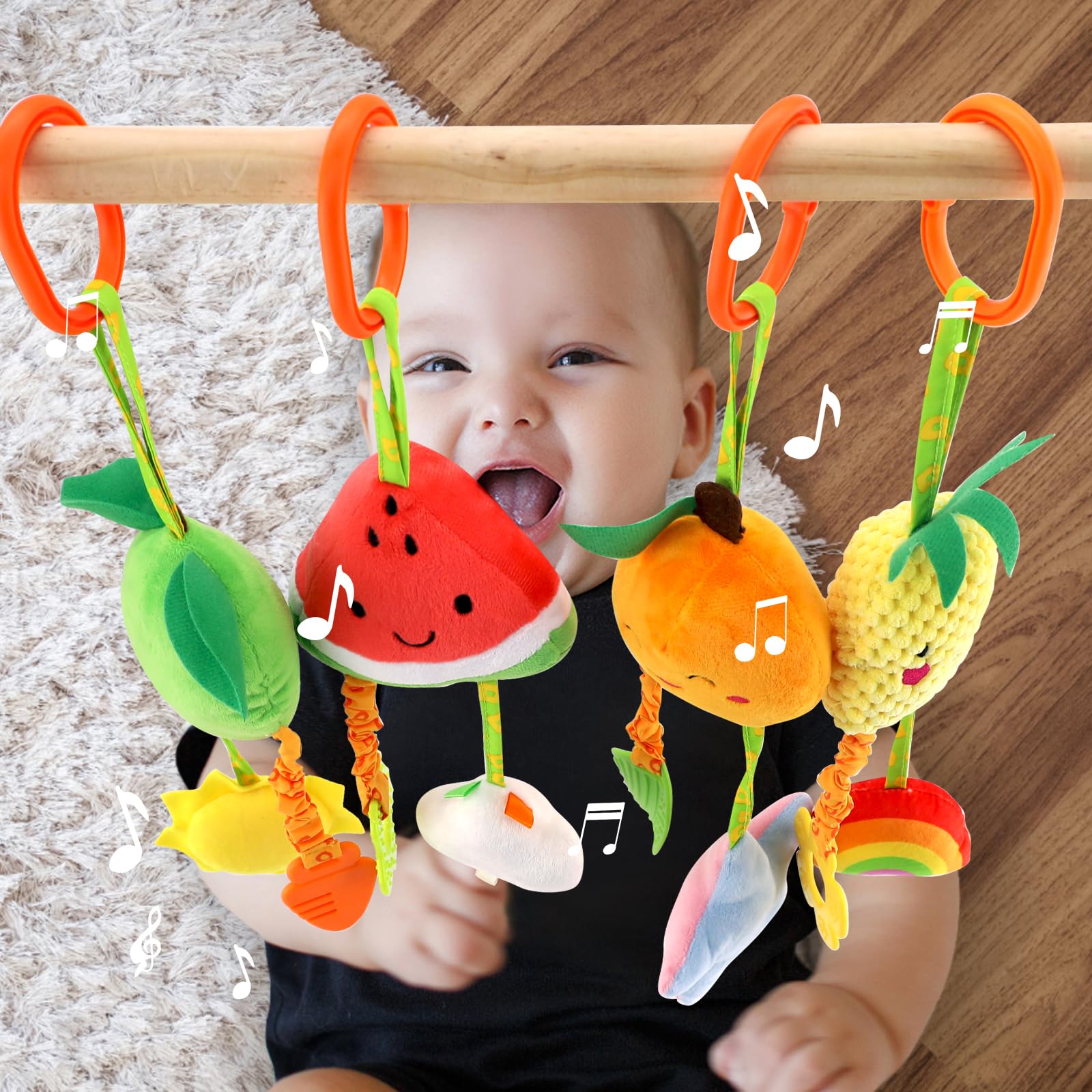 KAKIBLIN 4 Pack Baby Hanging Rattle Toys - Soft Squeaky Teether Toys for Newborns 0-12 Months | Car Seat, Stroller & Crib Activity Toys for Boys & Girls | Fruit-Themed Developmental Toys for Travel & Playtime
