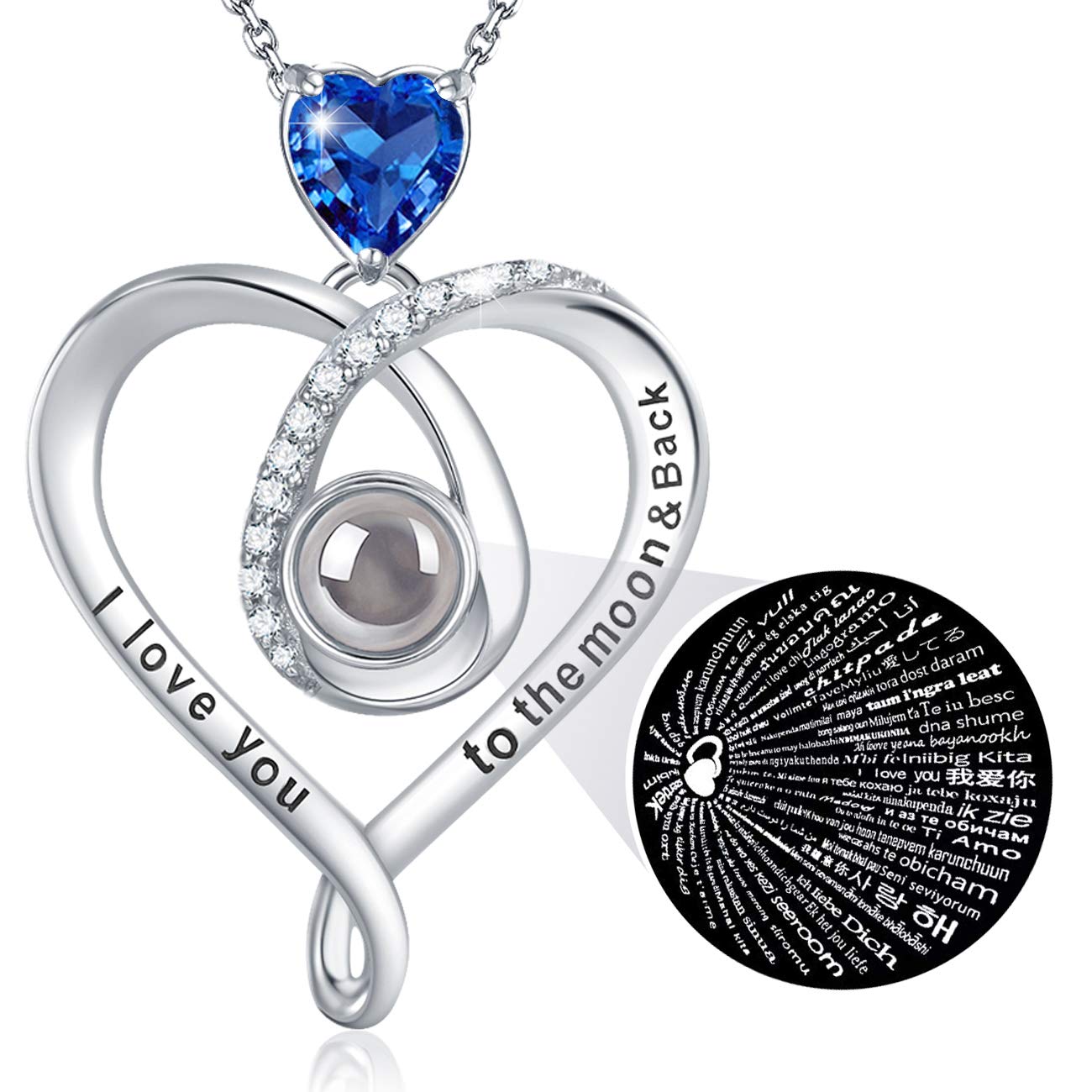 March & April Birthstone Aquamarine Jewelry - I Love You Necklace with 100 Languages Engraved - 925 Sterling Silver Necklace for Women - Perfect Birthday Gift, Anniversary Present & Romantic Keepsake