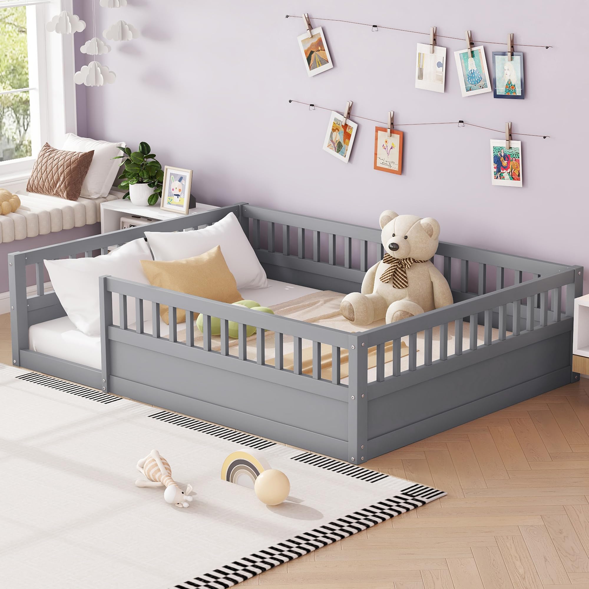 Montessori Floor Bed for Kids - Full Size Wooden Playhouse Bed with High Safety Railings for Baby Boys, Girls & Teens - Gray (No Slats Included) - Perfect for Montessori Bedrooms, Playrooms & Safe Toddler Sleep Spaces