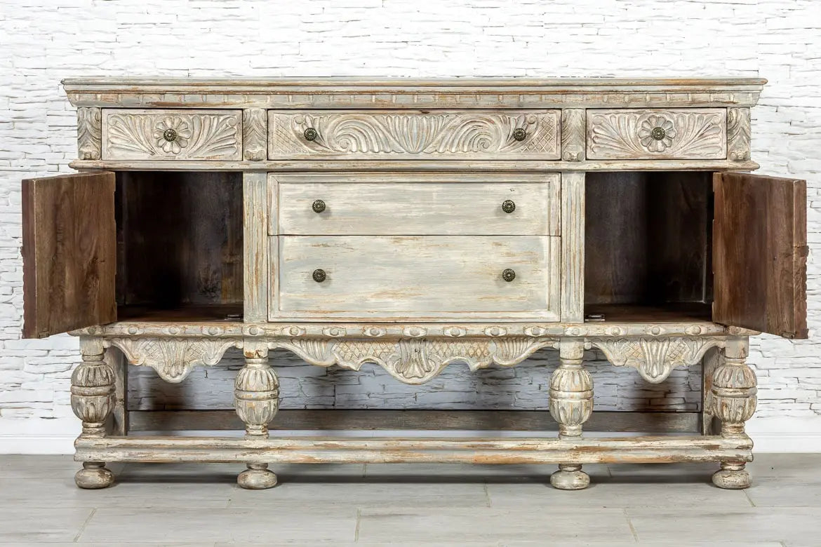 French Arched Hand Carved Solid Wood Console Table - Indian Teakwood Hallway Entryway Furniture - Grey Finish for Living Room, Foyer & Home Decor