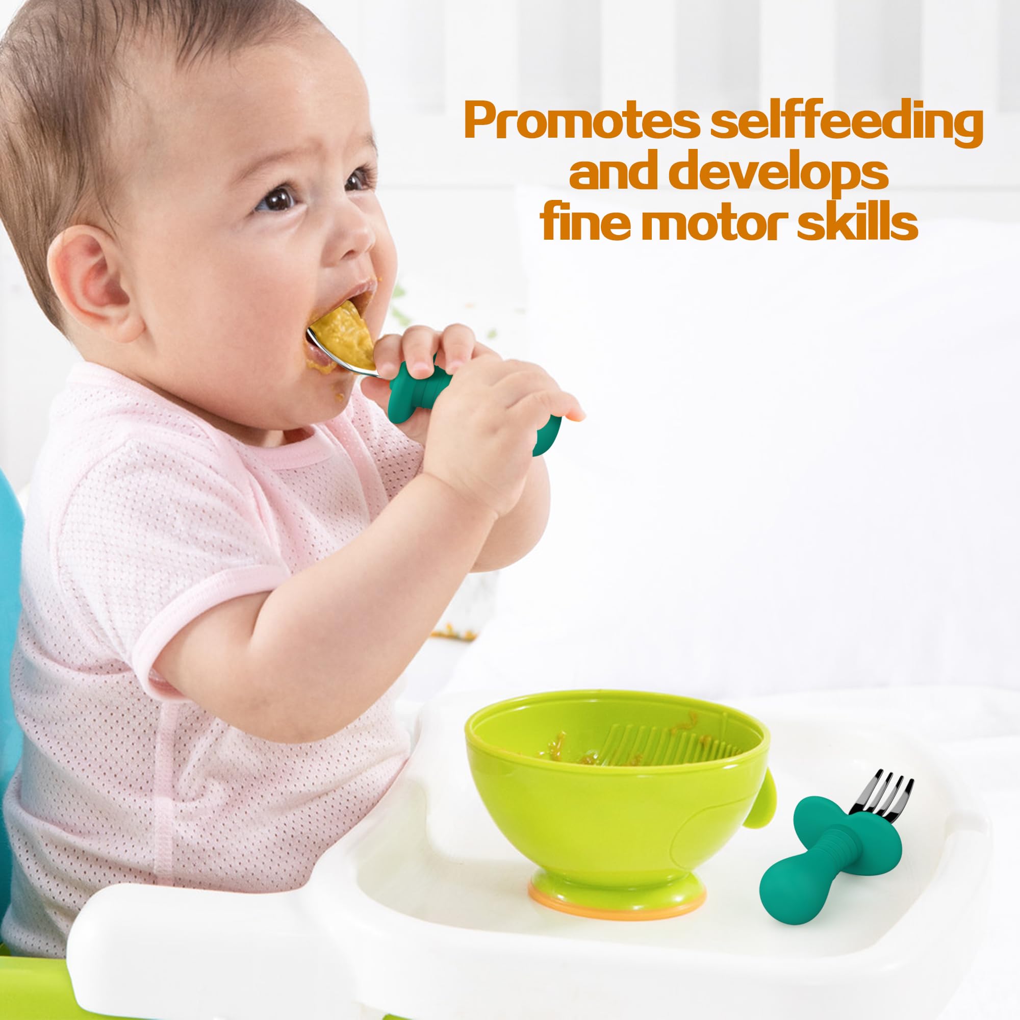 2-Piece Stainless Steel Toddler Utensil Set - BPA-Free Kids Forks & Spoons with Round Handle & Anti-Choke Design | Safe Flatware for Babies & Toddlers | Perfect for Daycare, Travel & Home Mealtime (Green)