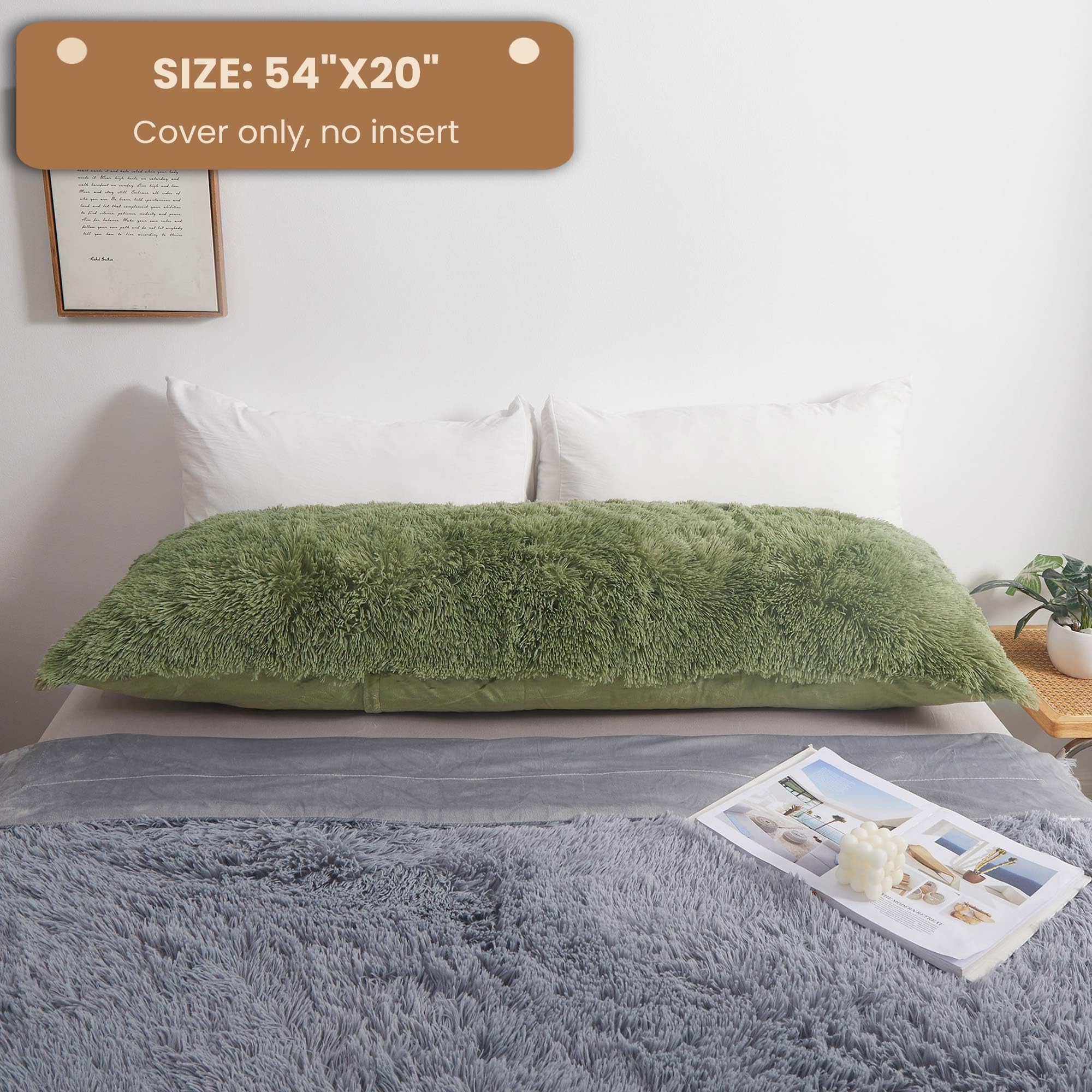 **MEGO Fluffy Body Pillow Cover 20x54 Inches - Soft Shaggy Faux Fur Pillow Case, Sage Green Plush Fuzzy Bed Pillow Cover with Zipper for Adults & Side Sleepers - Perfect for Lounging, Reading & Relaxing in Bed**