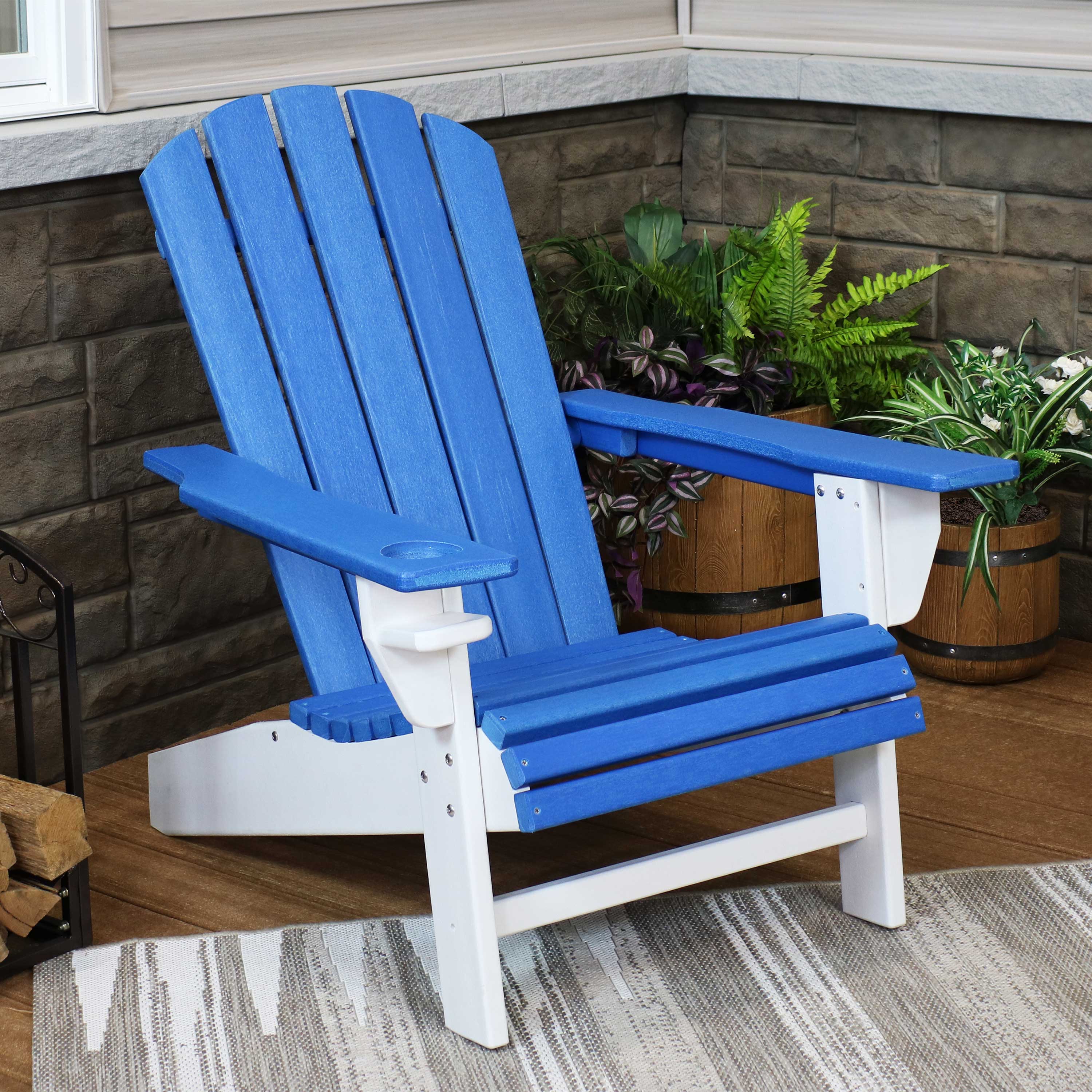 Durable All-Weather 2-Tone Outdoor Adirondack Chair with Cup Holder - Perfect for Patio, Garden, Poolside & Backyard Relaxation