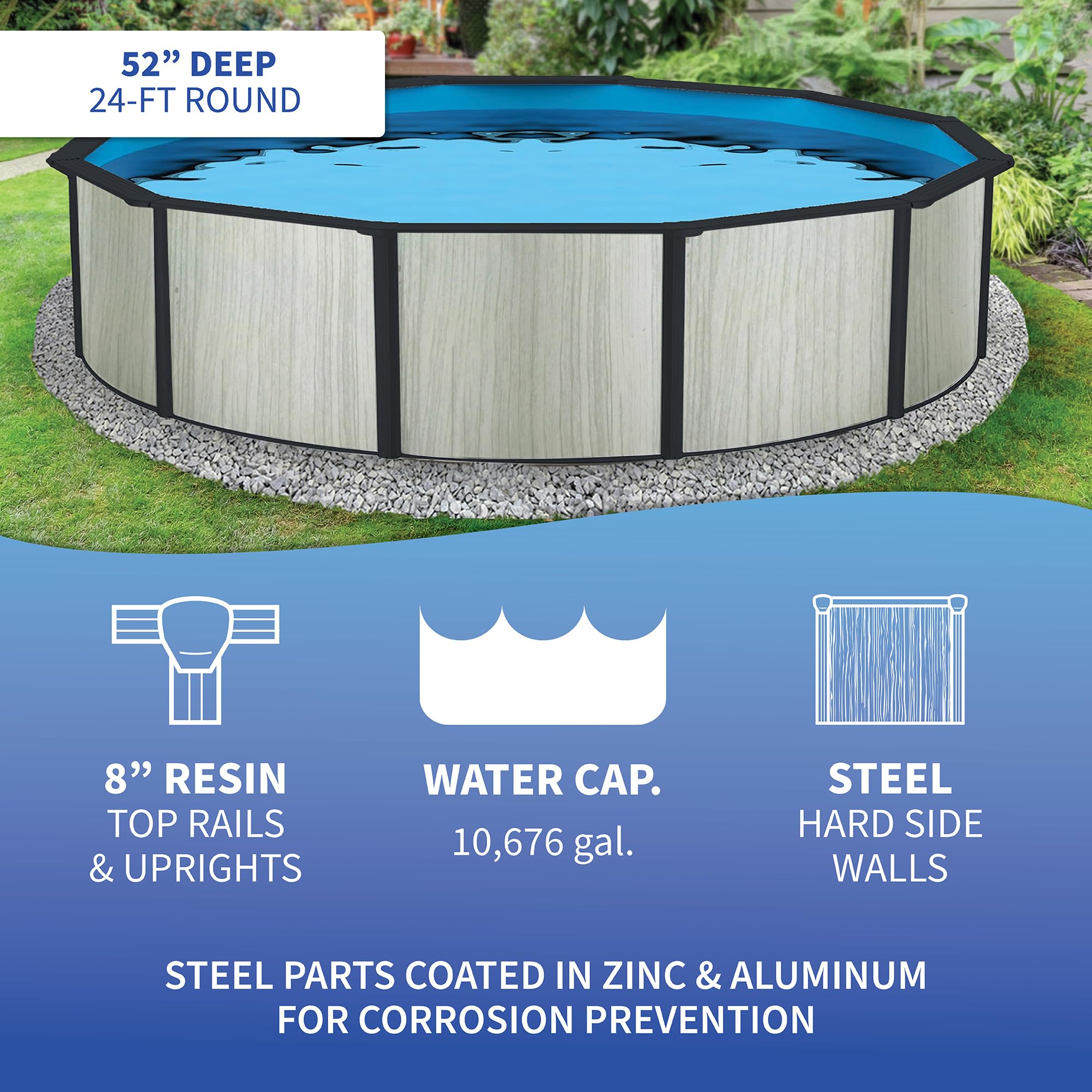 Blue Wave Savannah 24-ft Round 52-in Deep Hybrid Above Ground Pool Package for Family Backyard Fun and Summer Relaxation