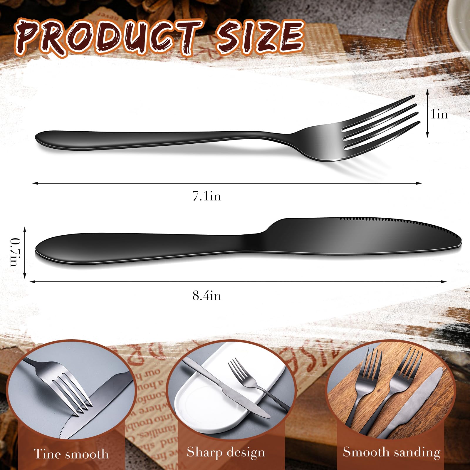 50-Piece Stainless Steel Flatware Set - Dinner Forks & Knives for Kitchen, Restaurant & Holiday Dining - Elegant Black Silverware (7.1
