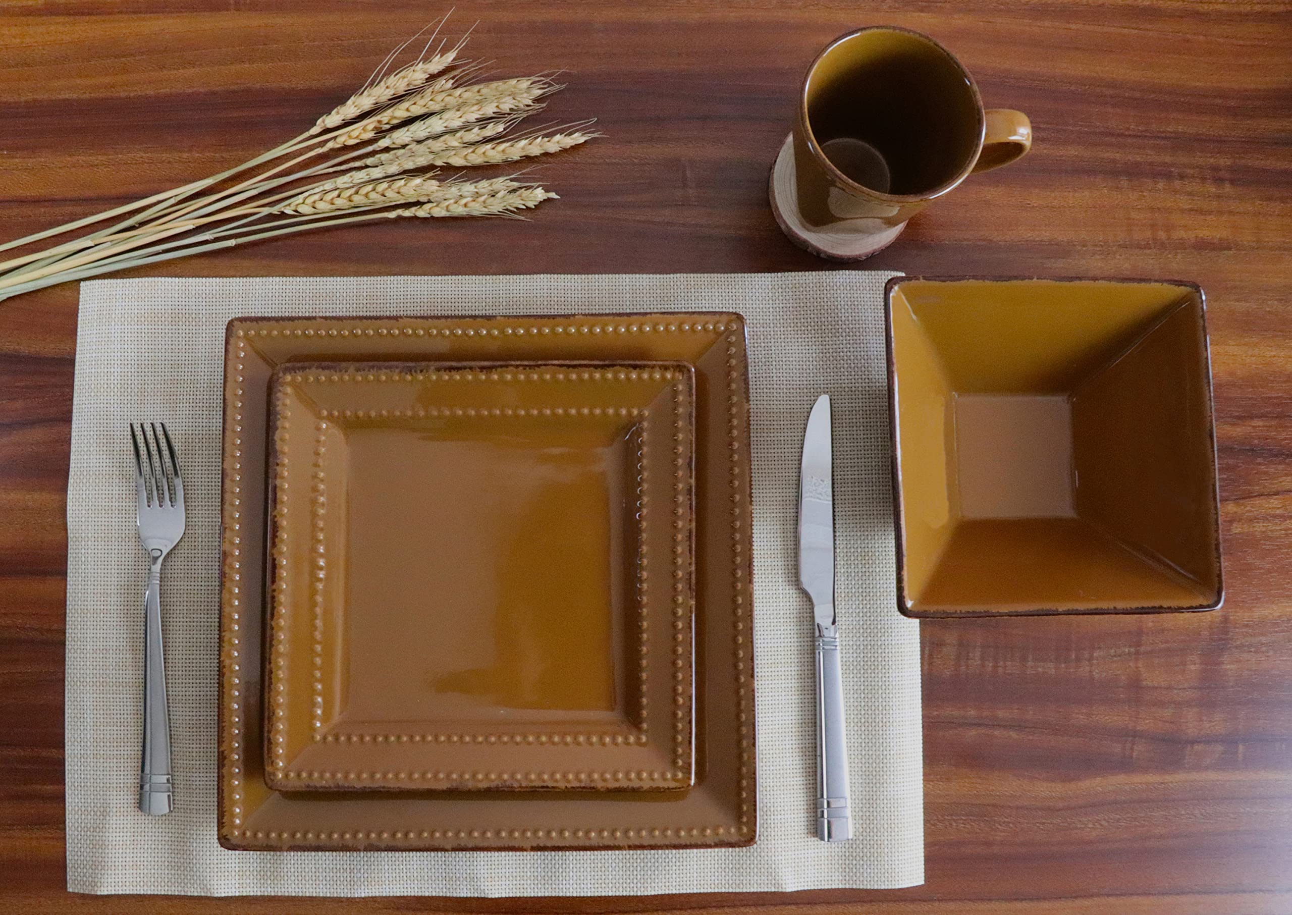 16-Piece Square Beaded Stoneware Dinnerware Set - Elegant Mocha Tableware for Dinner Parties, Wedding Receptions & Holiday Entertaining - Durable Chip-Resistant Dish Set for 4 People