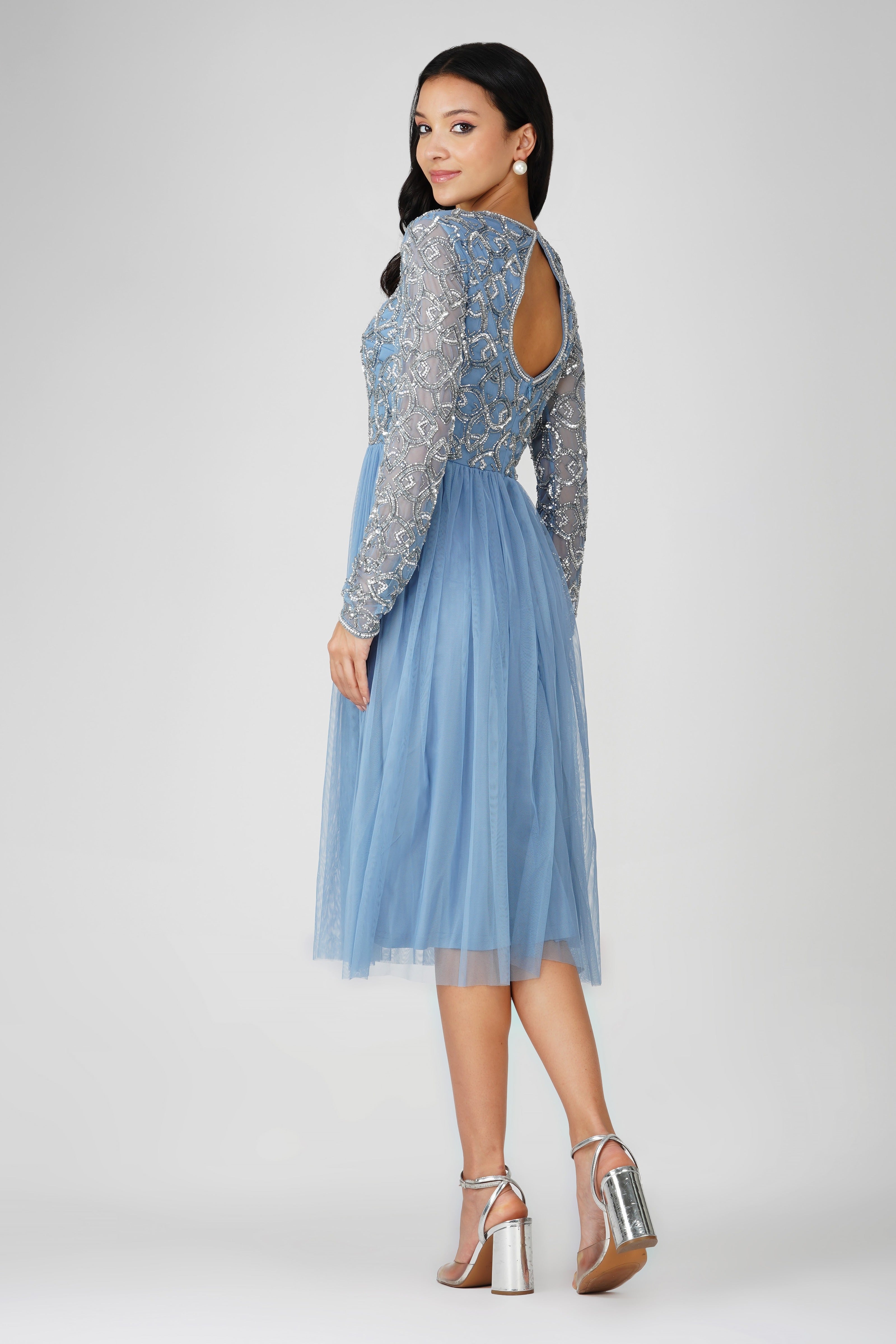 Powder Blue Mandarin Embellished Midi Dress for Women - Elegant Floral Print Party & Wedding Guest Dress