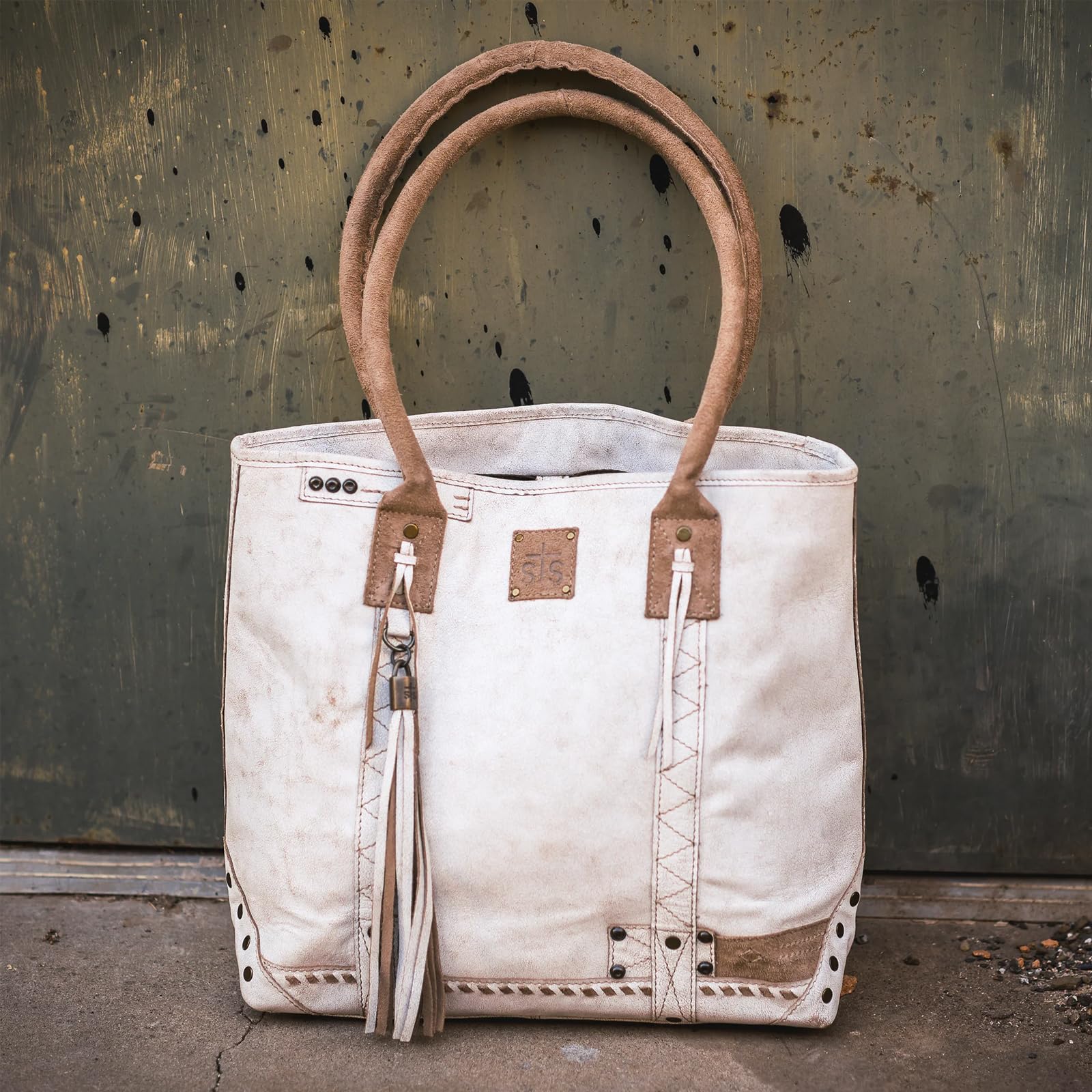 STS Ranchwear Women's Cremello White & Tan Leather Tote Bag - Stylish Western Handbag for Work, Travel & Everyday Use