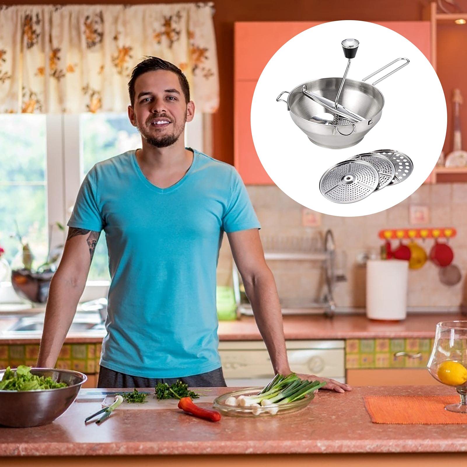Premium Stainless Steel Food Mill with 3 Interchangeable Discs - Manual Puree Maker for Tomato Sauce, Applesauce, Jam & Baby Food - Durable Rotary Food Grinder for Home Kitchen & Canning