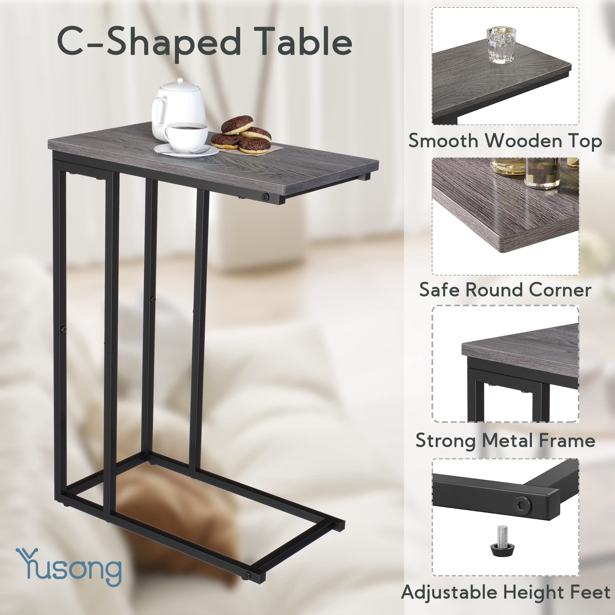 Slim Narrow C-Shaped End Table for Sofa & Bed - Slide Under Furniture, Small Space-Saving Side Table for Living Room, Bedroom, Office - Easy Assembly Grey - Perfect for Coffee, Laptop, Snacks & Reading