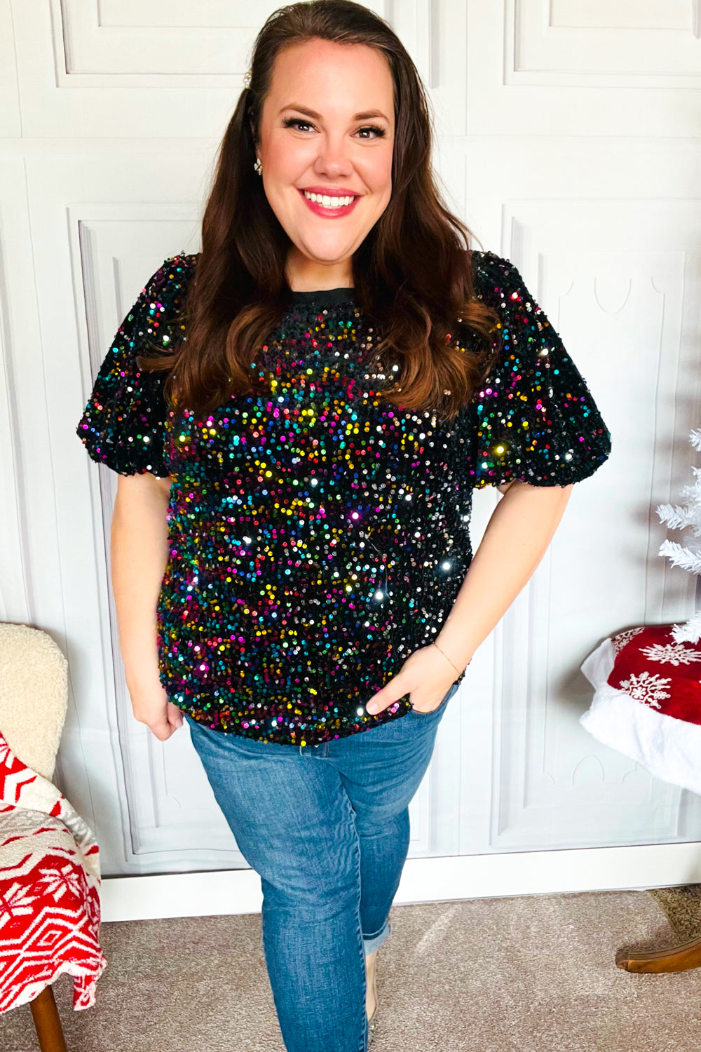 Black Velvet Multicolor Sequin Puff Sleeve Top for Women | Holiday Party & Christmas Outfit | Perfect for Festive Gatherings, NYE Celebrations & Special Occasions