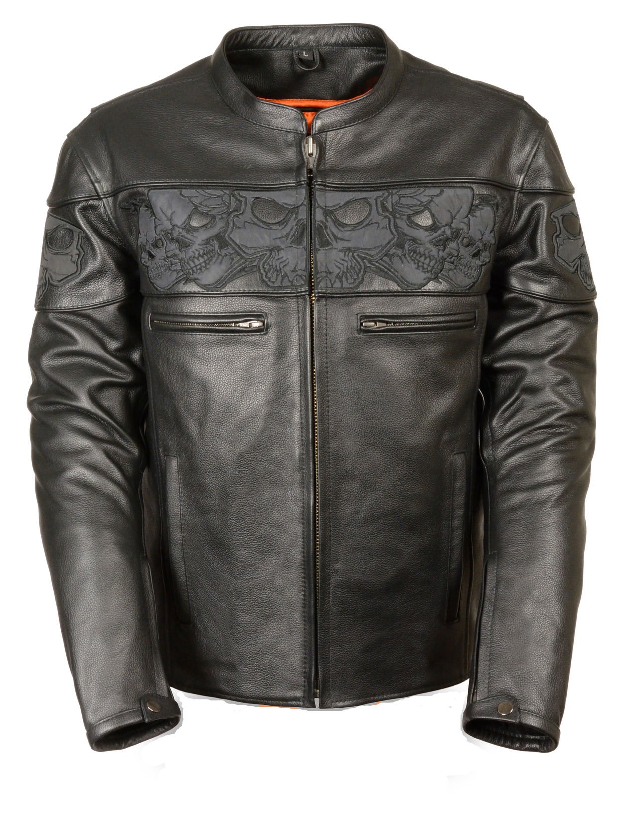 Milwaukee Men's Leather Crossover Scooter Jacket with Reflective Skulls - Black, Large Size | Motorcycle Riding Gear for Safety & Style