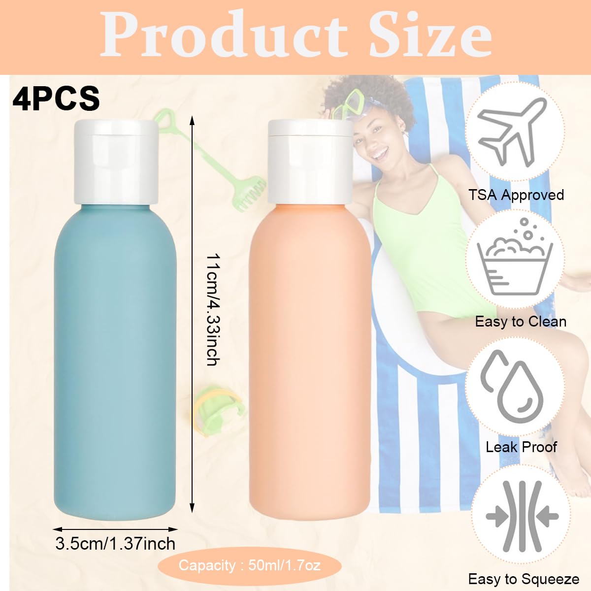 MAYCREATE® 4-Pack 50ML Travel-Sized Bottles for Toiletries | Leak-Proof Soft PE Containers with Secure Lids | Portable Shampoo, Lotion & Cream Dispenser | Perfect for Hand Sanitizer, Gel & Cosmetics | Ideal for Air Travel, Gym & Vacation Essentials
