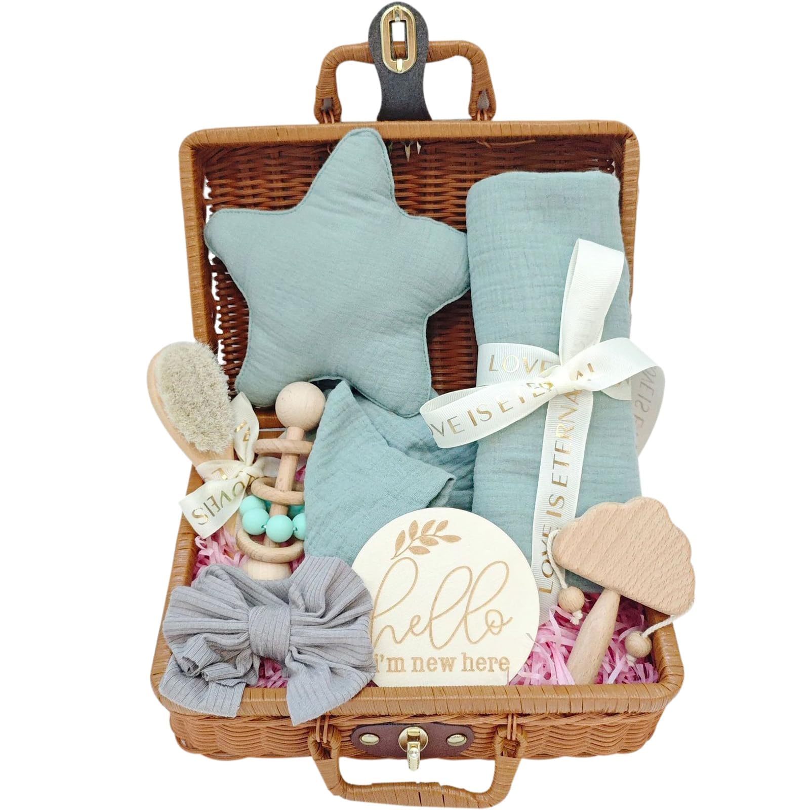 8-in-1 Premium Baby Gift Set for Newborns - Soft Star Security Blanket, Cotton Swaddle, Baby Rattle & Wooden Milestone Cards (Blue) - Perfect Baby Shower Gift for Boys & Girls, Newborn Essentials & First Birthday Present