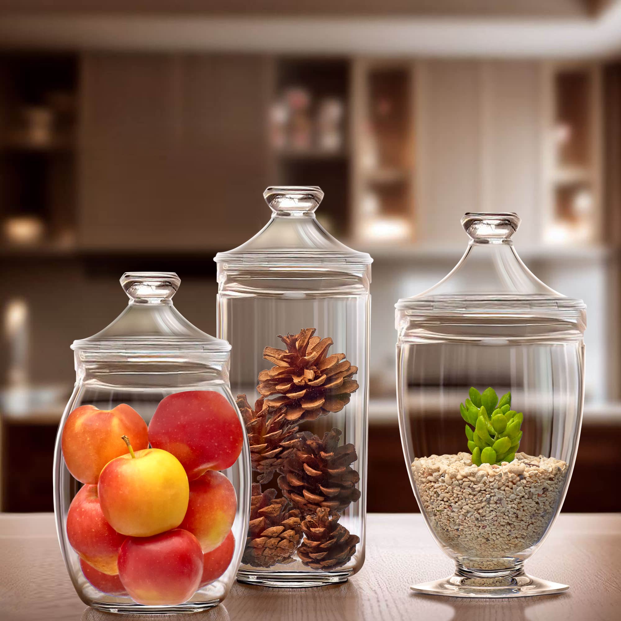 Amazing Abby - Adore - 3-Piece Plastic Apothecary Jars Set (52/46/46 oz) with Lids, BPA-Free Shatter-Proof Acrylic Canisters for Bathroom Storage, Candy Buffet, Wedding Decor, Kitchen Pantry & Home Organization
