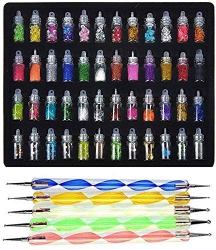 **Trexee 48 Bottles 3D Nail Art Glitter Set with 5 Pcs Double-Sided Dotting Pens – Professional Nail Art Kit for Women & Girls – Perfect for DIY Manicures, Nail Salons & Gifts (53 Pcs, Multicolor)**