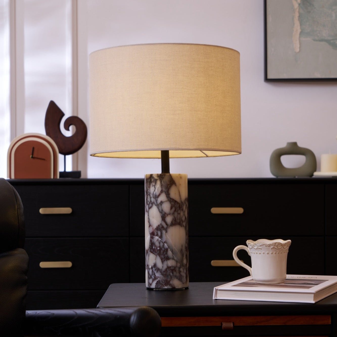 Ardena Marble Table Lamp - Modern Home Decor Lighting for Living Room, Bedroom & Office - Elegant Stone Base with Fabric Shade
