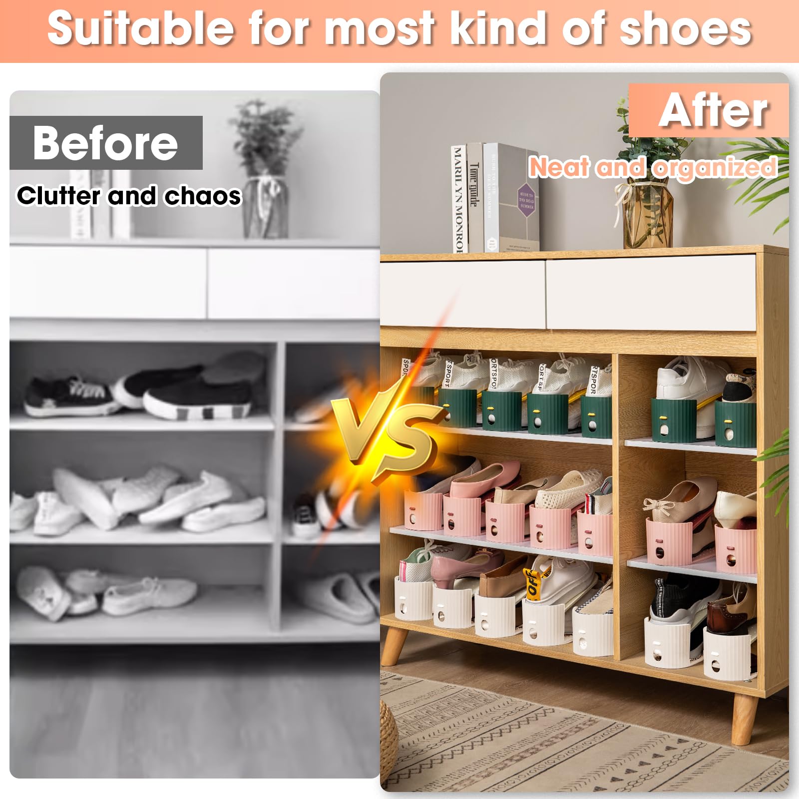 20 Pack Adjustable Shoe Stacker Organizer - Double Layer Space Saving Shoe Rack Riser for Closet, Thickened Shoe Holder for Sneakers & Heels (White) - Perfect for Small Closets, Dorm Rooms & Apartment Storage