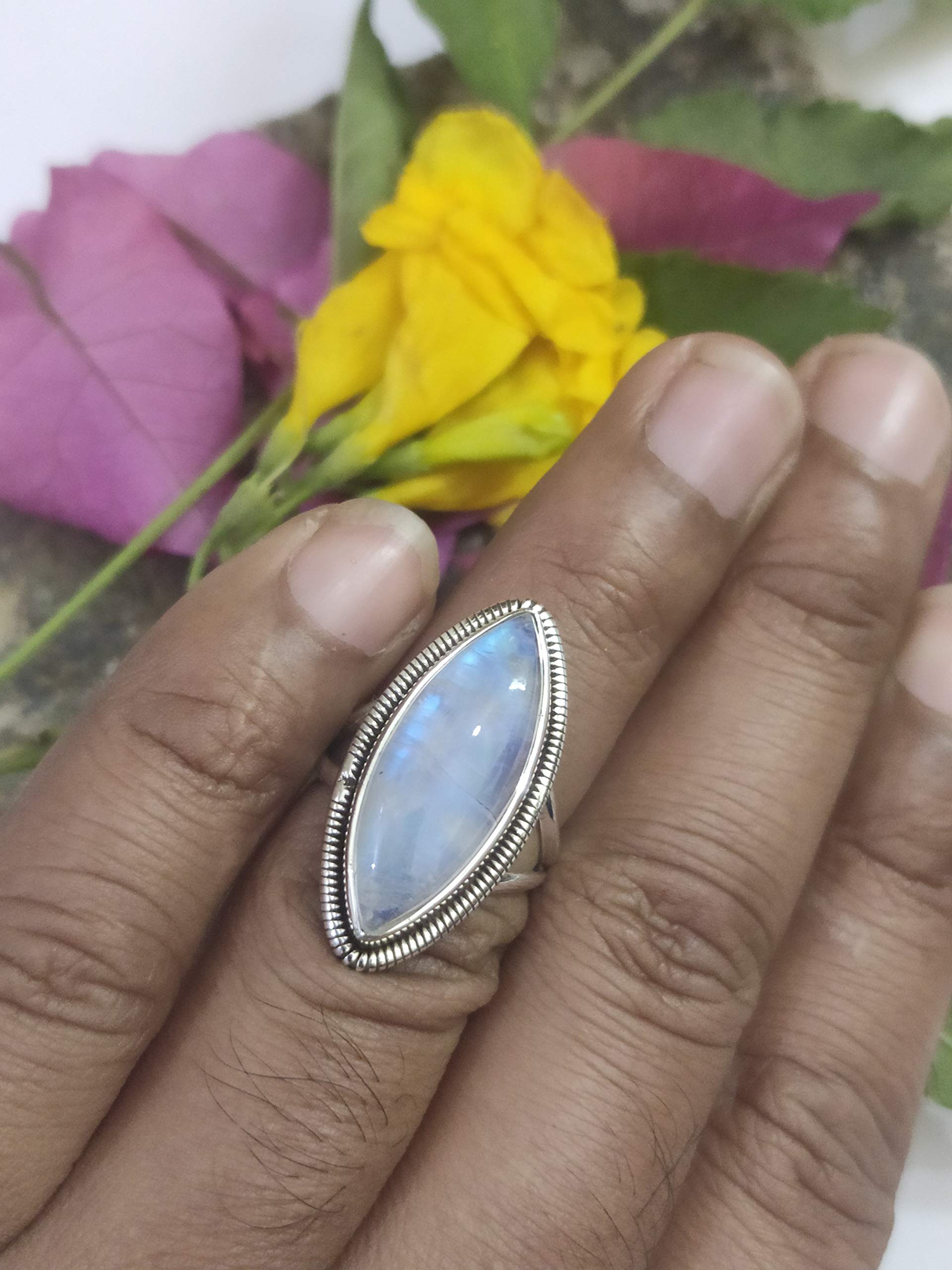 Genuine Rainbow Moonstone Ring - 925 Sterling Silver Marquise Gemstone Ring for Engagement, Promise, June Birthstone & Anniversary | Victorian Style Bohemian Jewelry - Perfect Unique Gift for Women, Brides & Boho Lovers (Ideal for Weddings, Proposals & Special Occasions)