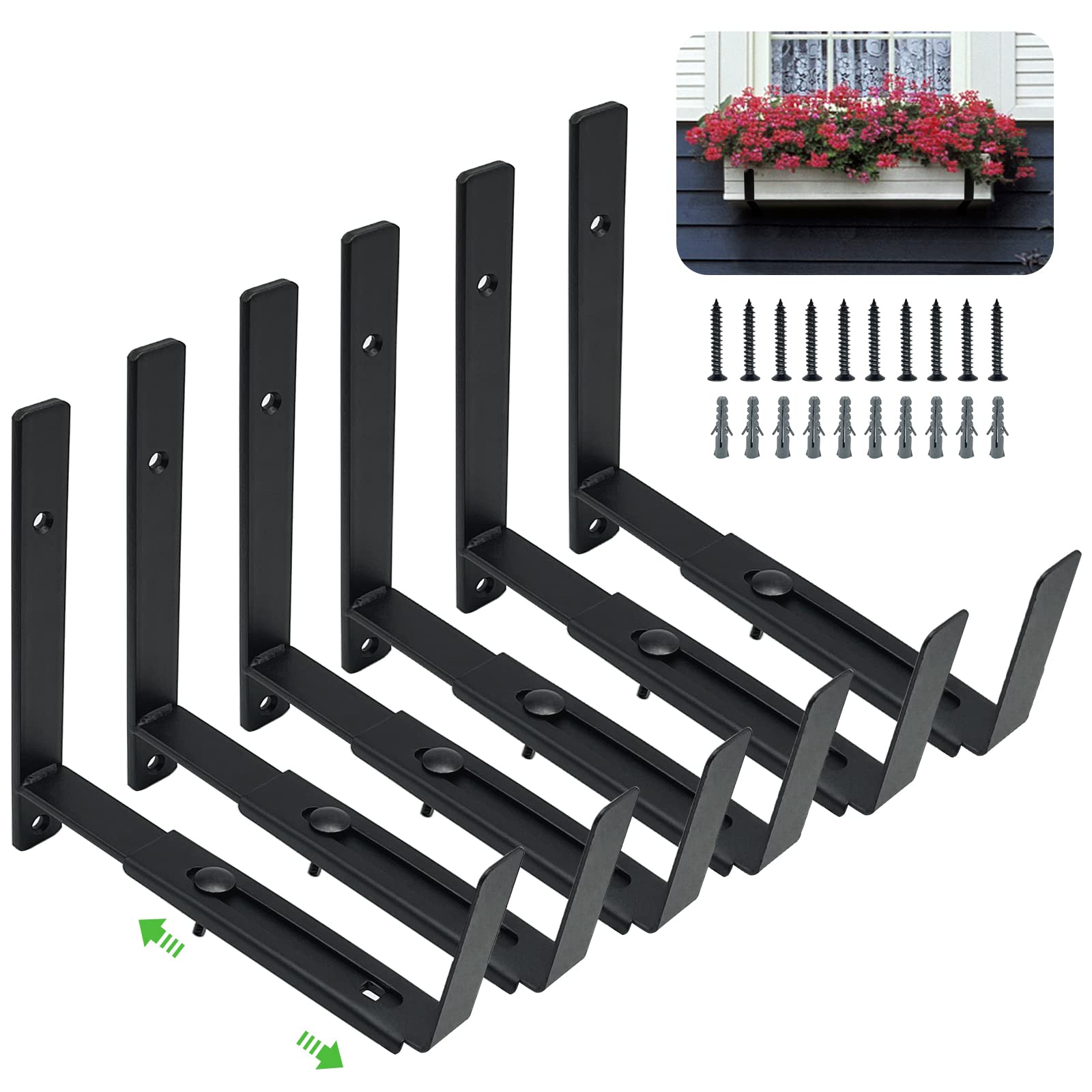 Heavy Duty Adjustable Window Box Bracket 6 Pack - Wall Mount Flower Planter Holder for 6 to 12 Inch Deep Planters | Outdoor Garden Balcony Decoration & Window Sill Flower Display