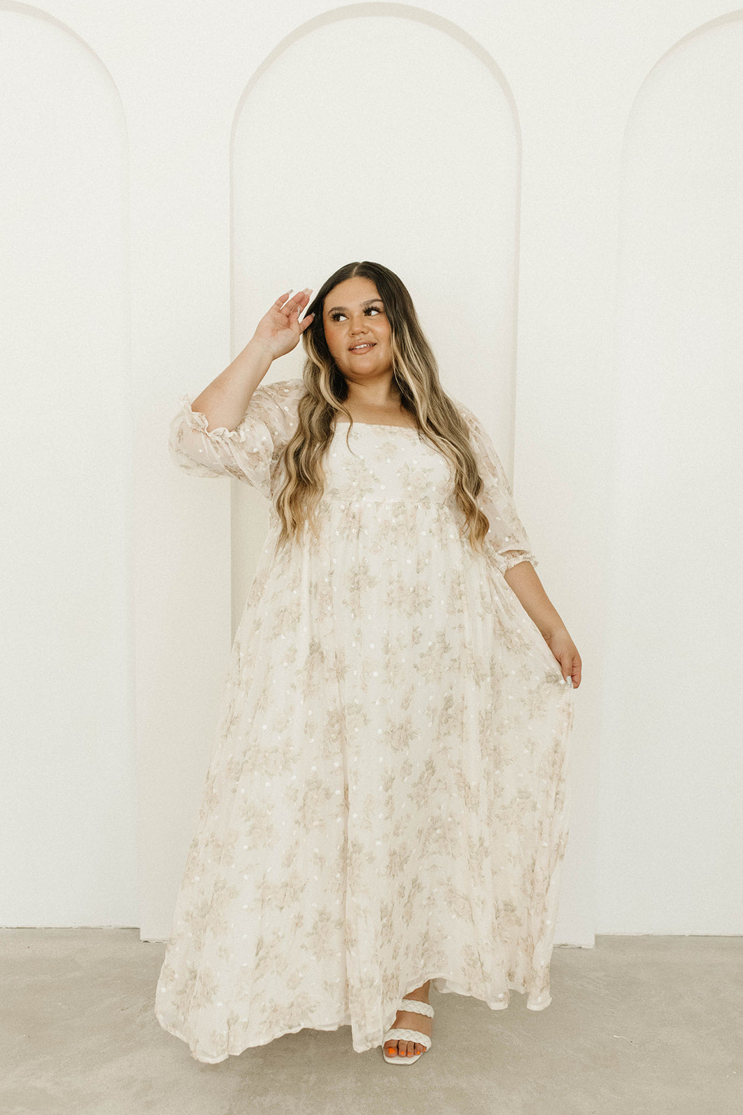 Elegant Cream Floral Maxi Dress with Smocking - Bump Friendly Maternity & Inclusive Sizing (S-3XL) for Women | Perfect for Weddings, Beach Vacations & Summer Parties