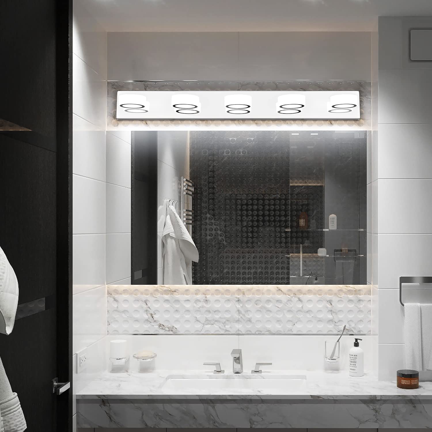 SOLFART 37 Inch Modern LED Vanity Light - 5 Light White Rotating Round Acrylic with Chrome Base - Bathroom Mirror Lighting Fixture for Makeup & Shaving - Perfect for Bedroom, Dressing Room & Spa Areas